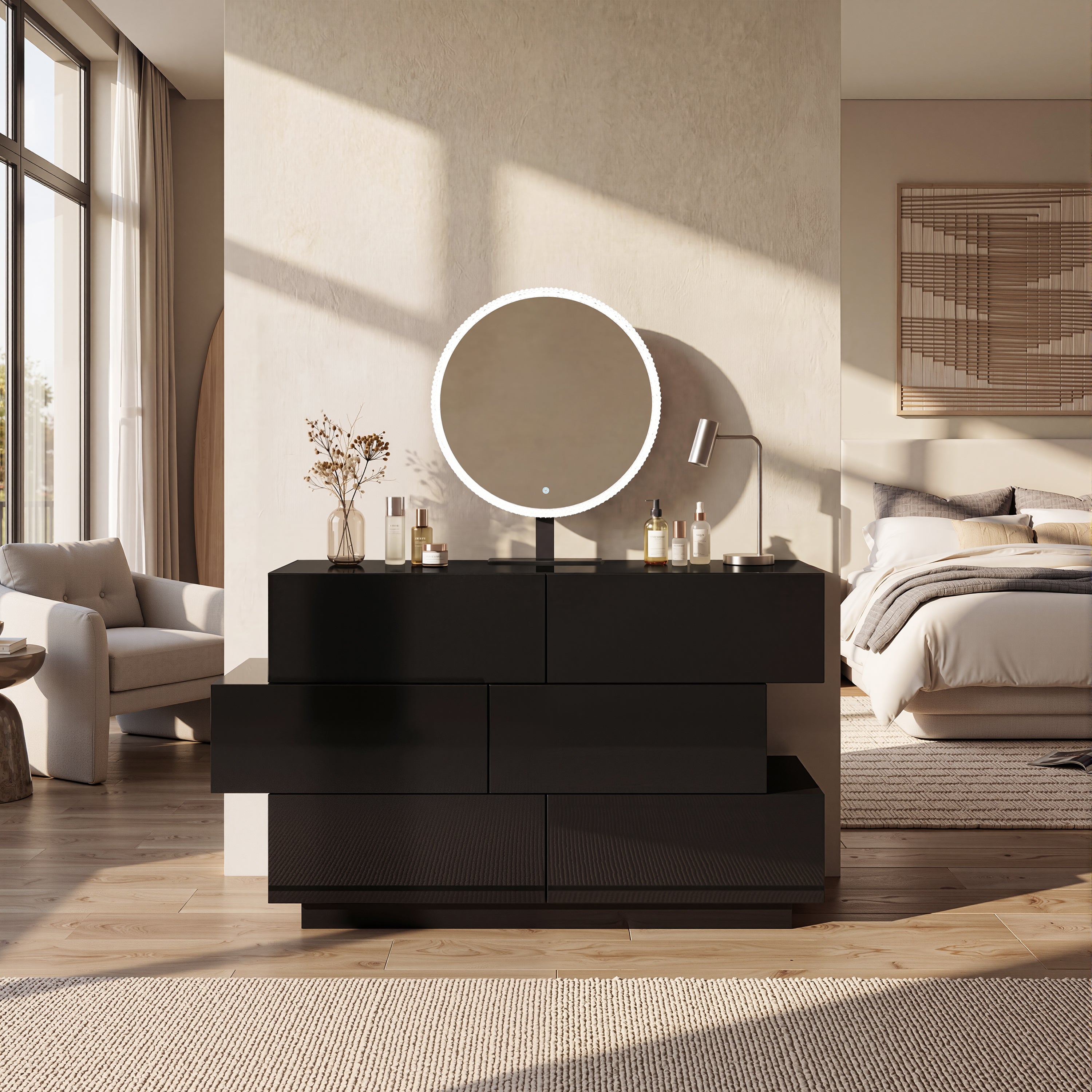 Black high-gloss dresser with wide drawers and vanity mirror setup
