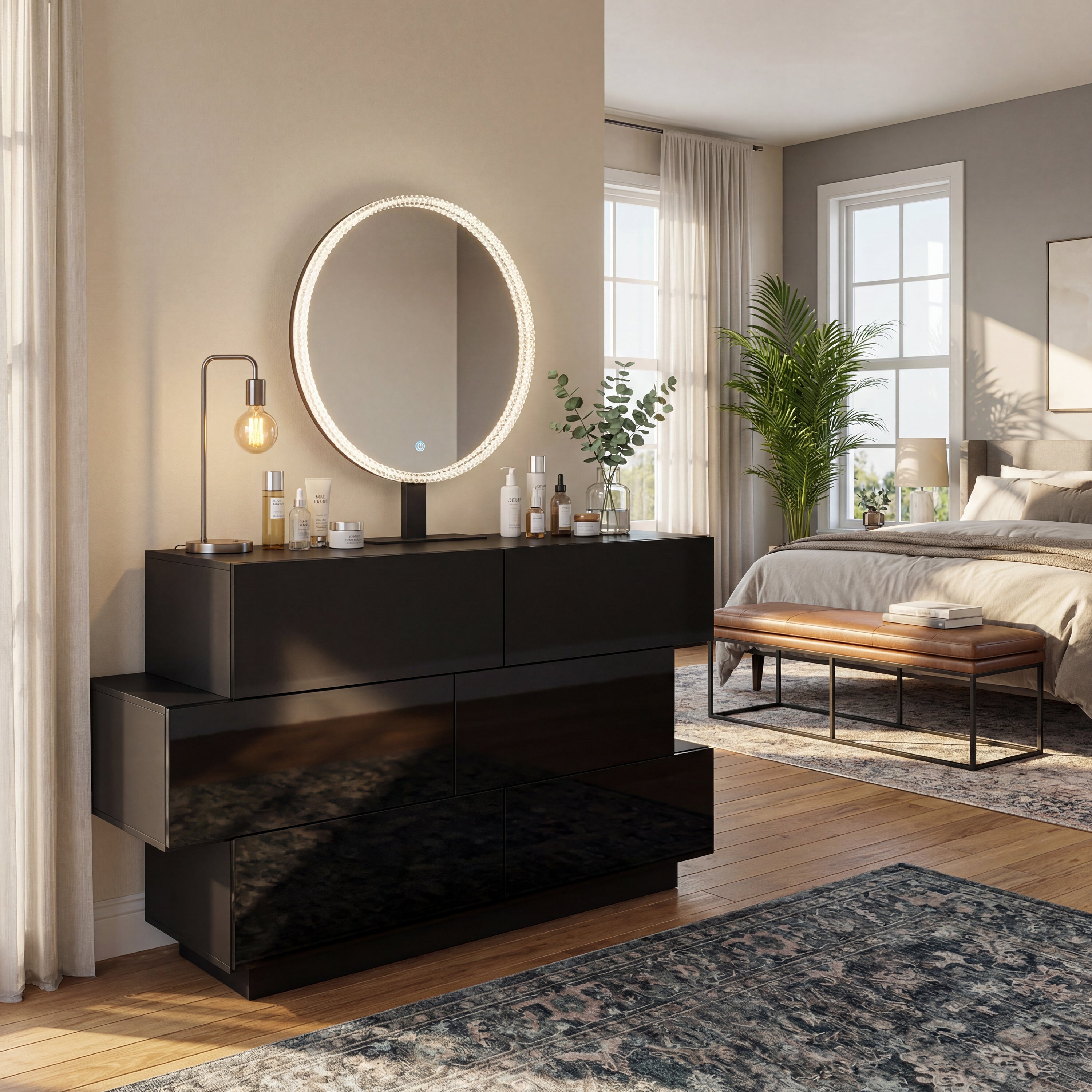 Black high-gloss dresser with wide drawers and vanity mirror setup
