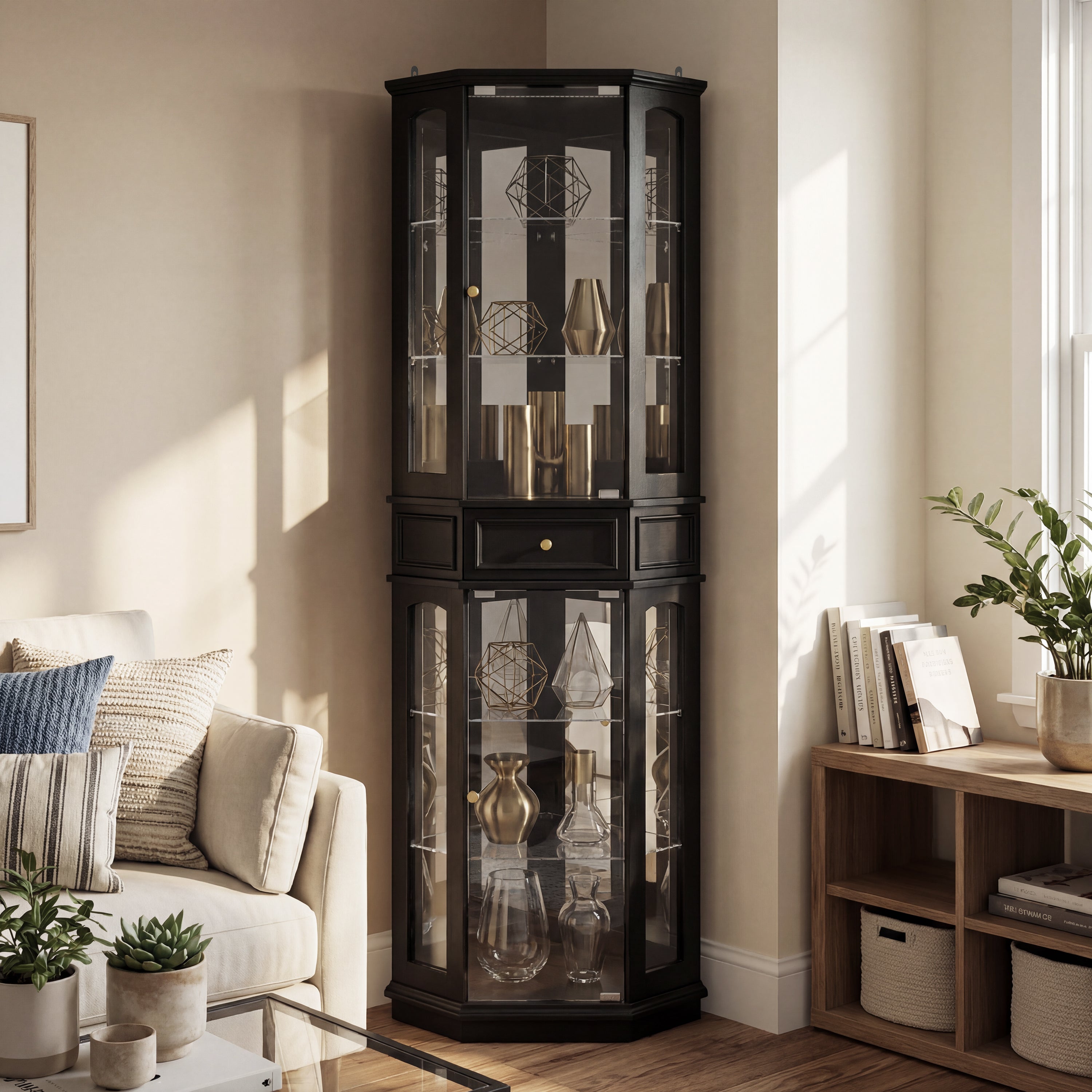 Black tall display cabinet with glass doors and center drawer
