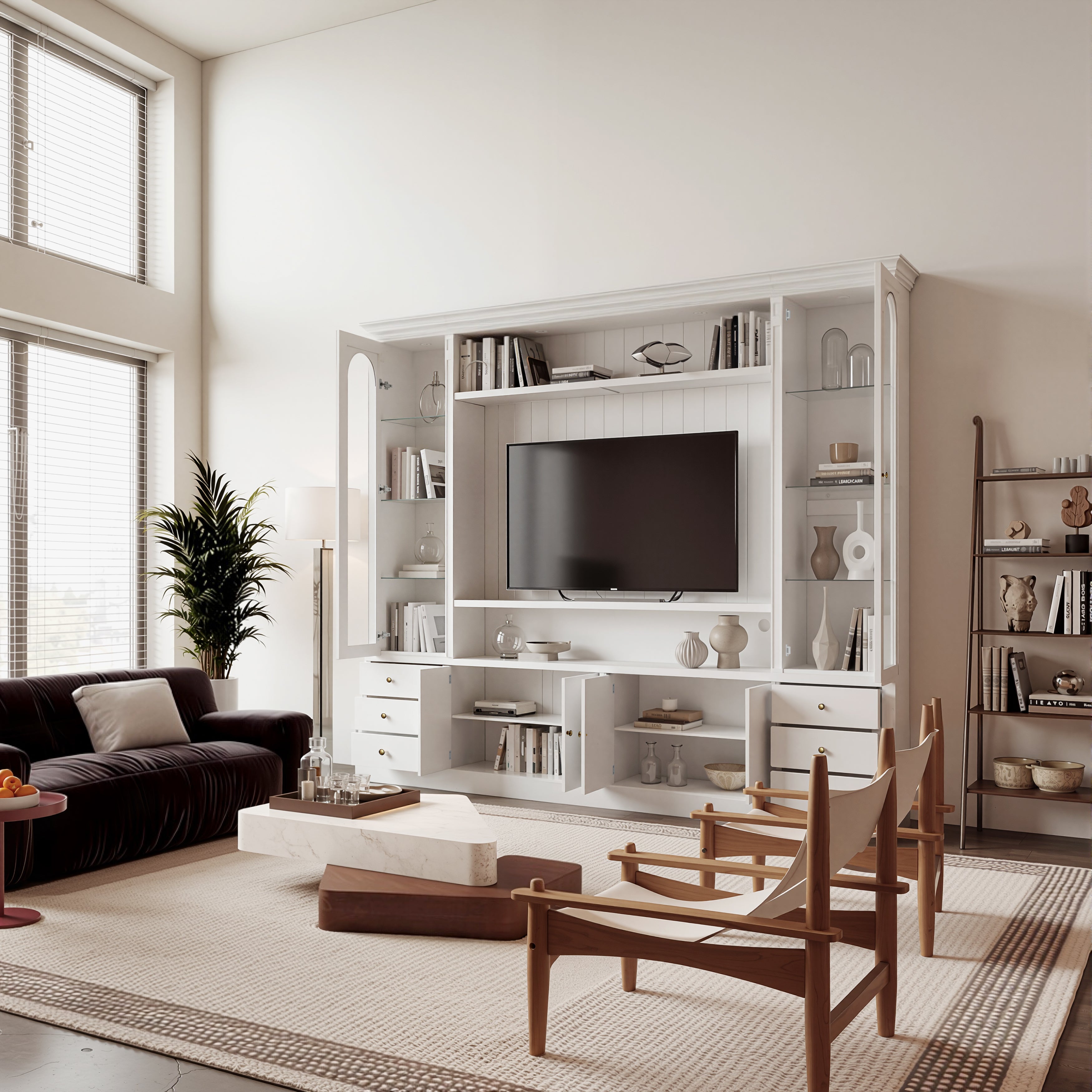 White entertainment center with open TV space, glass side cabinets, lower storage cabinets, and drawers