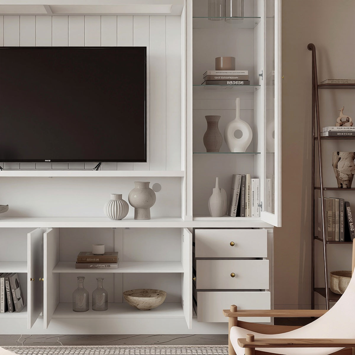 White entertainment center with open TV space, glass side cabinets, lower storage cabinets, and drawers