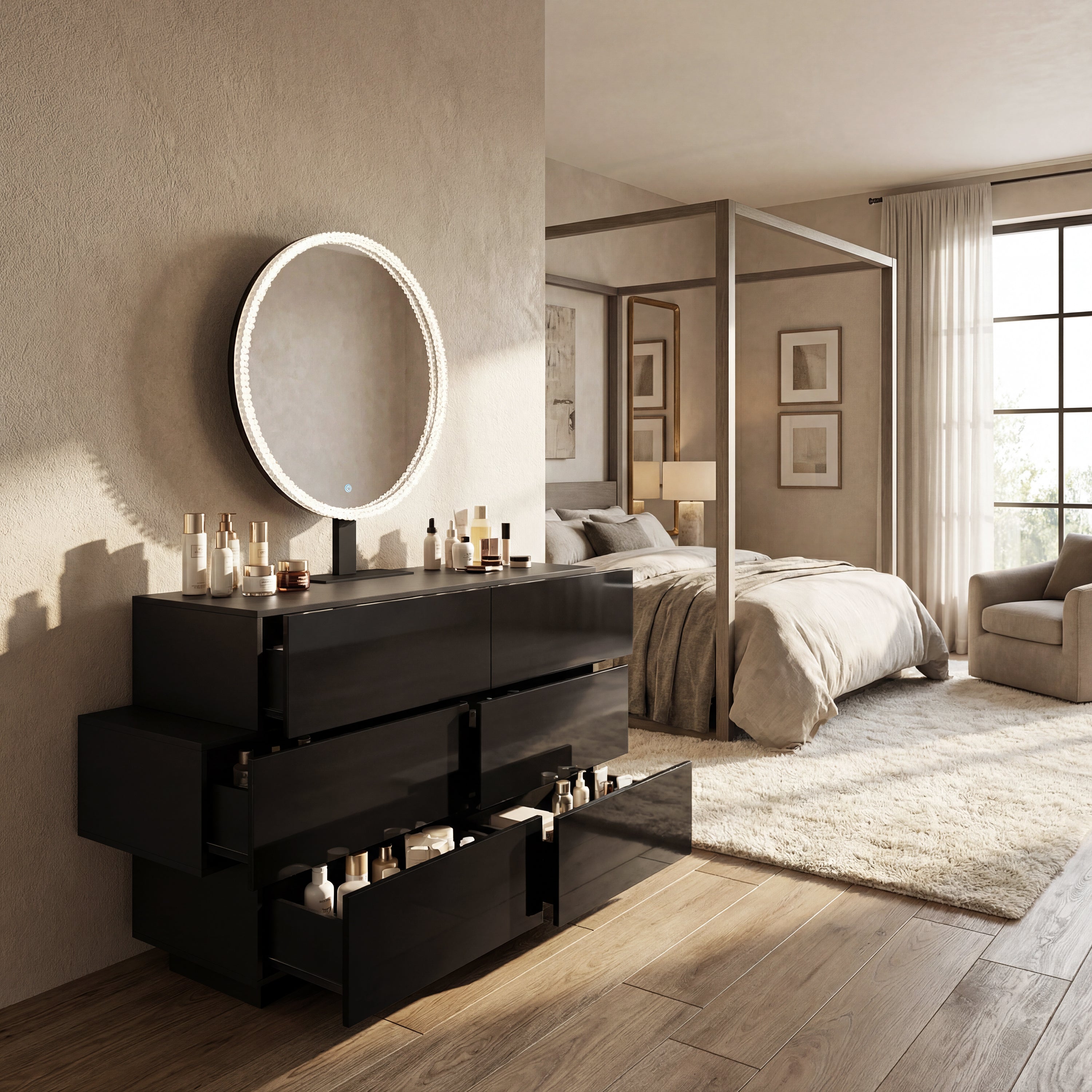Black high-gloss dresser with wide drawers and vanity mirror setup