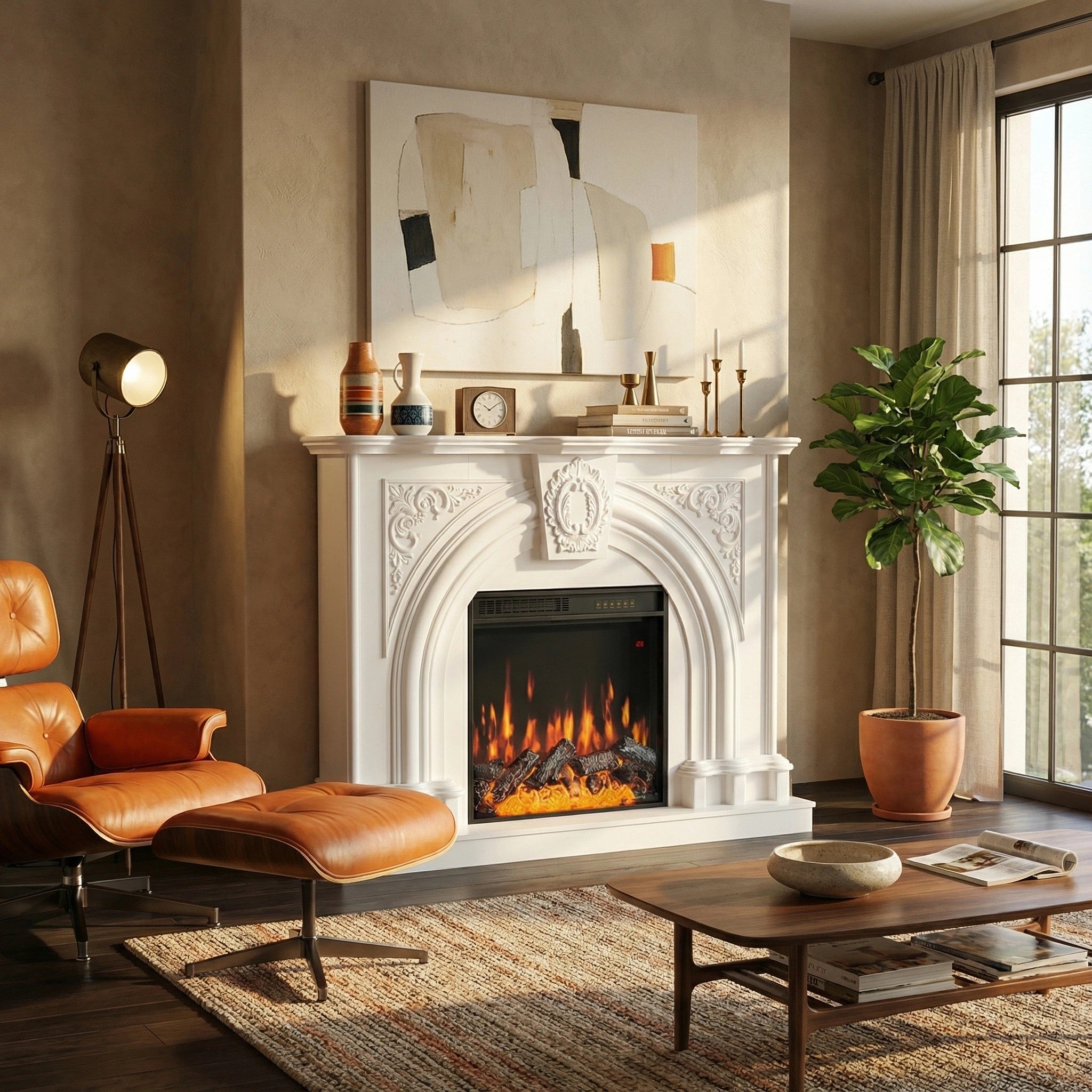 55.2 inch Built-in Electric Fireplace with Carved Mantel