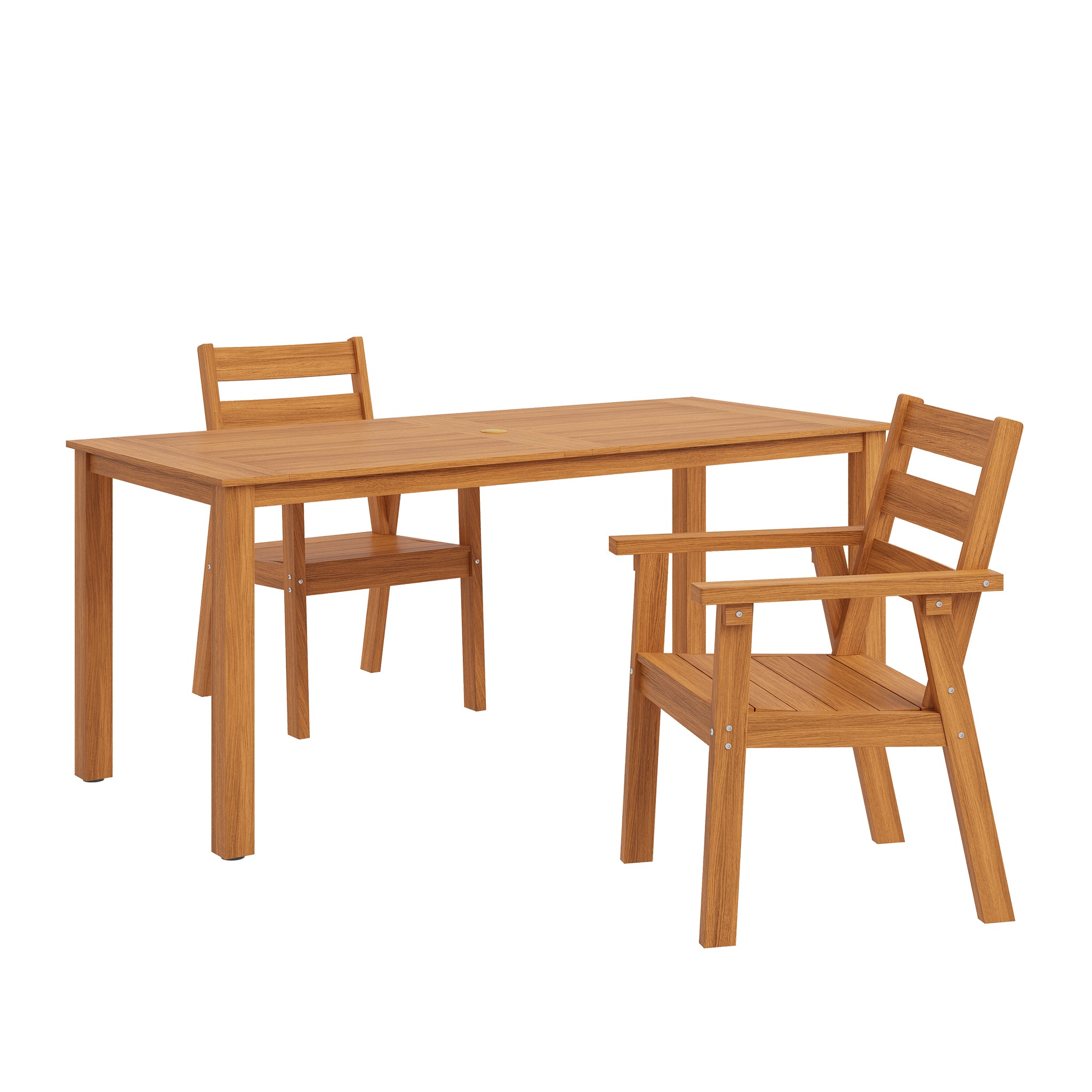 Wood outdoor dining set with rectangular table and matching armchairs