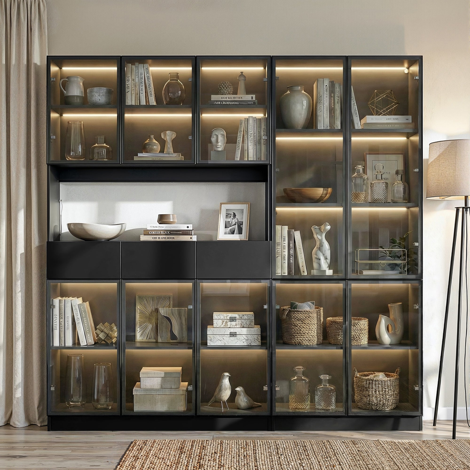 78.7 inch Large Bookcase with Glass Doors and 3-Color Changing LED Lights