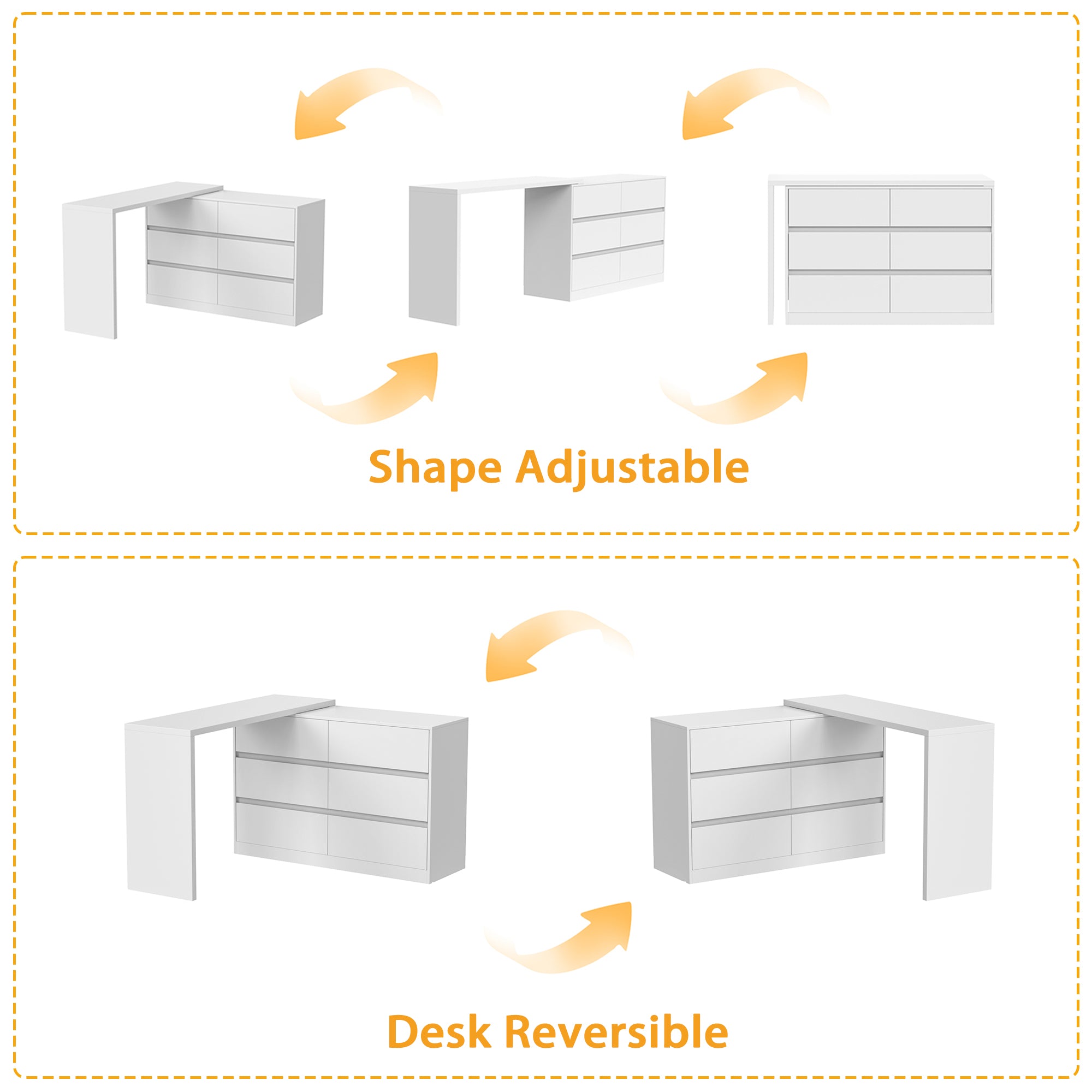51.2" Modern Minimalist White/Black L-Shaped Rotatable Dresser Writing Table with 6 Drawers
