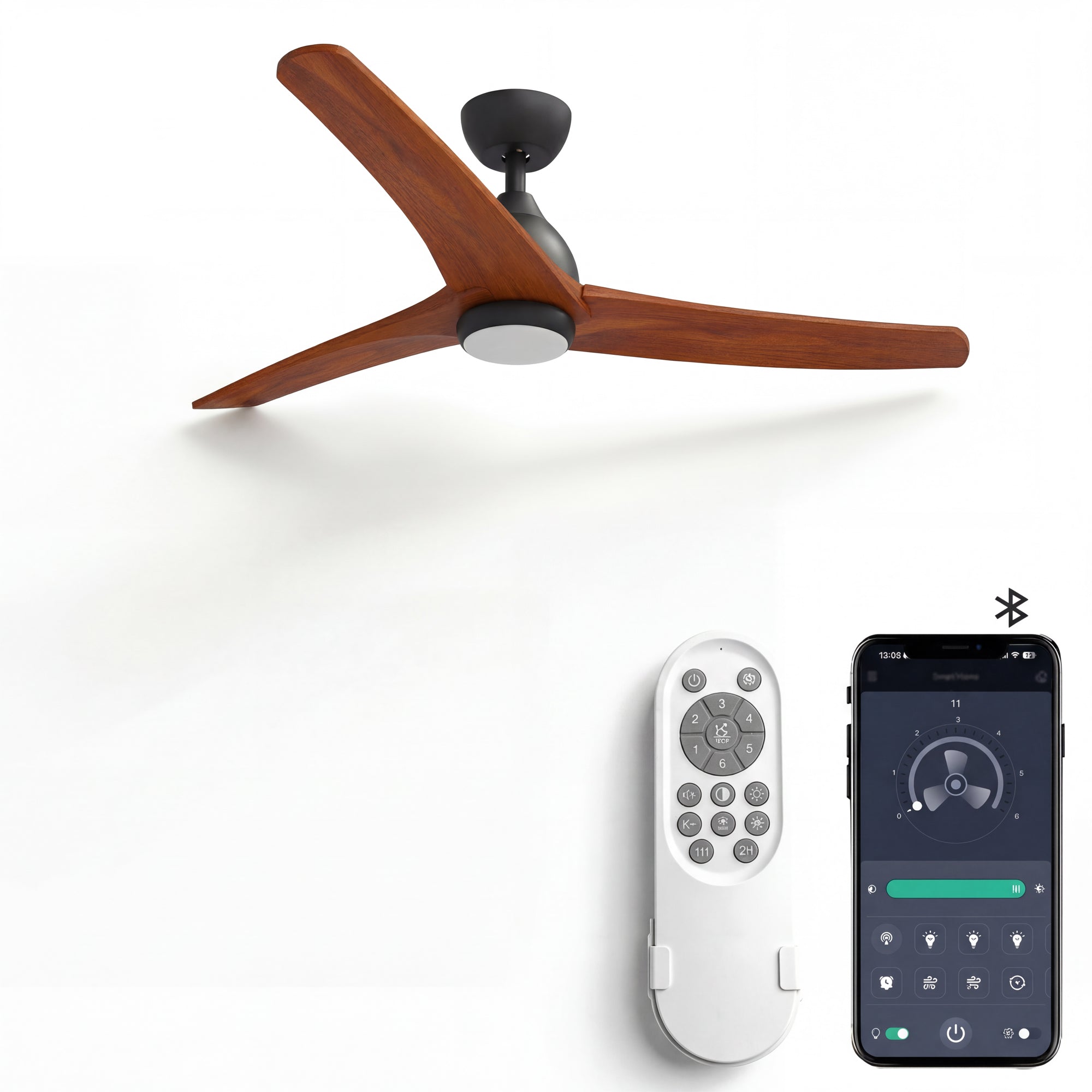 Ceiling fan with wooden blades, remote control, and smartphone app on a white background