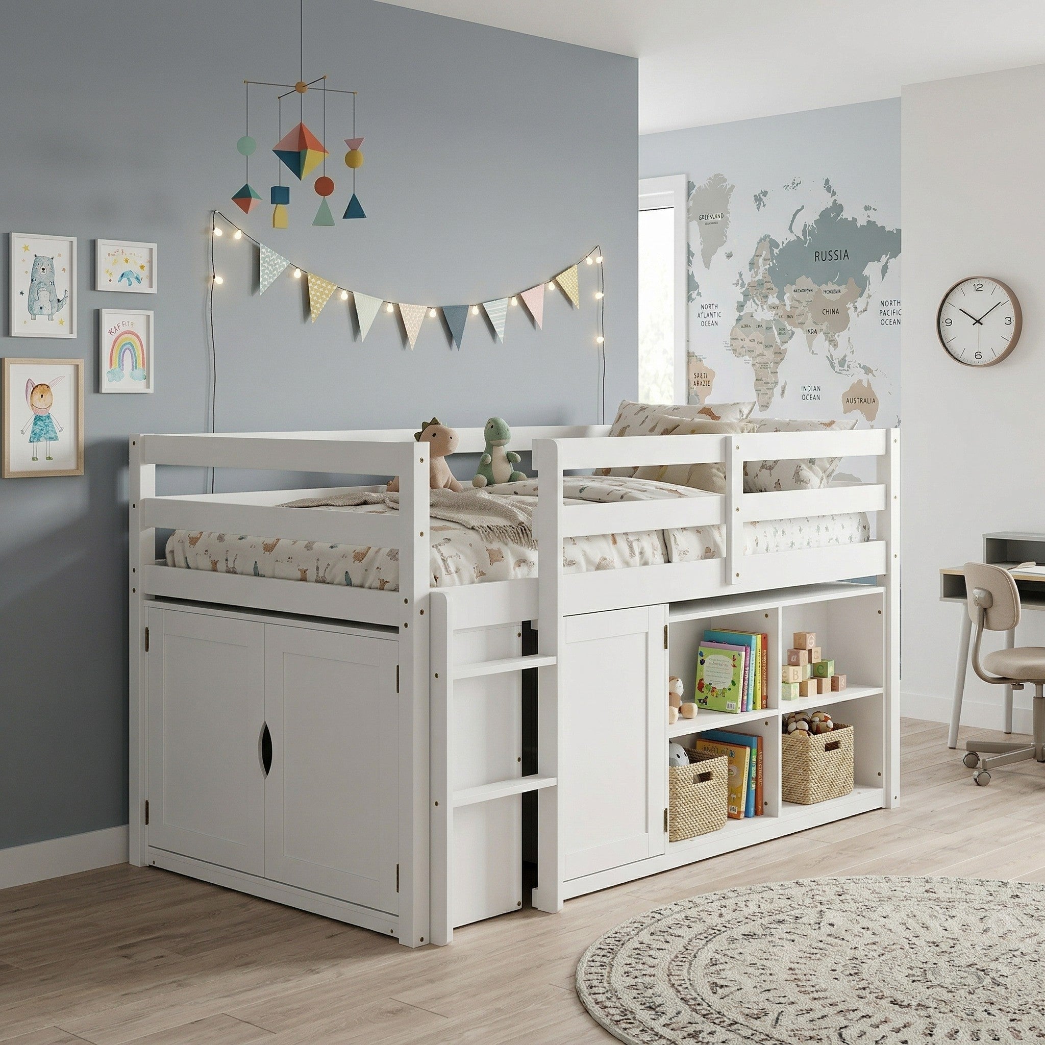 White kids loft bed with storage cabinets, shelves, and ladder