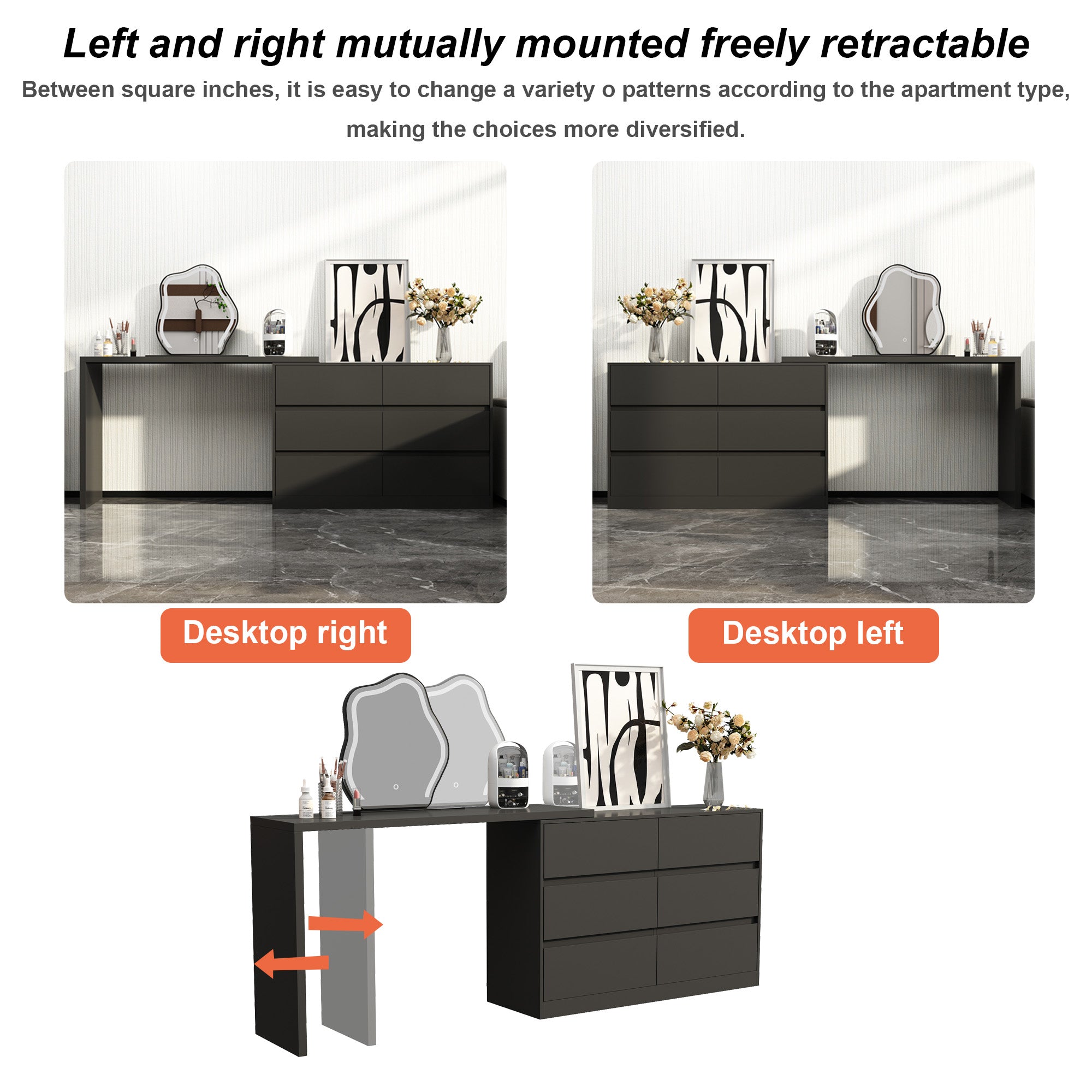 L-Shaped Rotatable Dresser Writing Table with 6 Drawers
