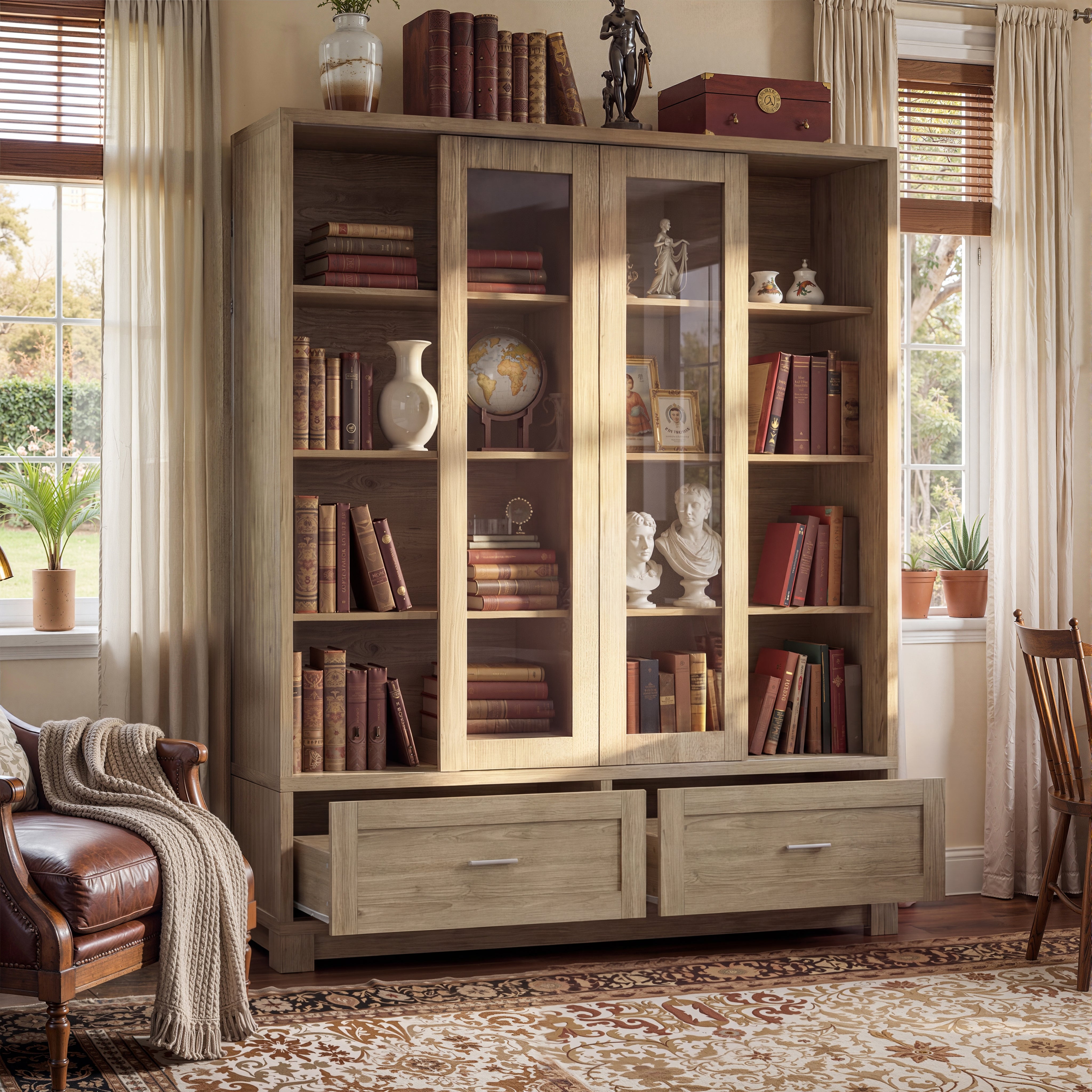 63 inches Modern Rustic Wood China Cabinet with 2 Drawers and 4 Sliding Glass Doors