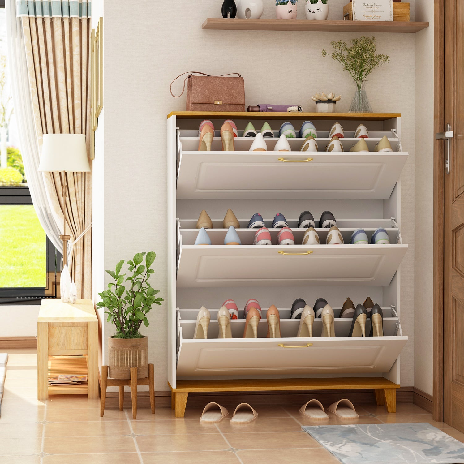Modern Shoe Storage Cabinet with 3 Compartments & 1 Locker Shoe Cabinet Organizer for Entryway