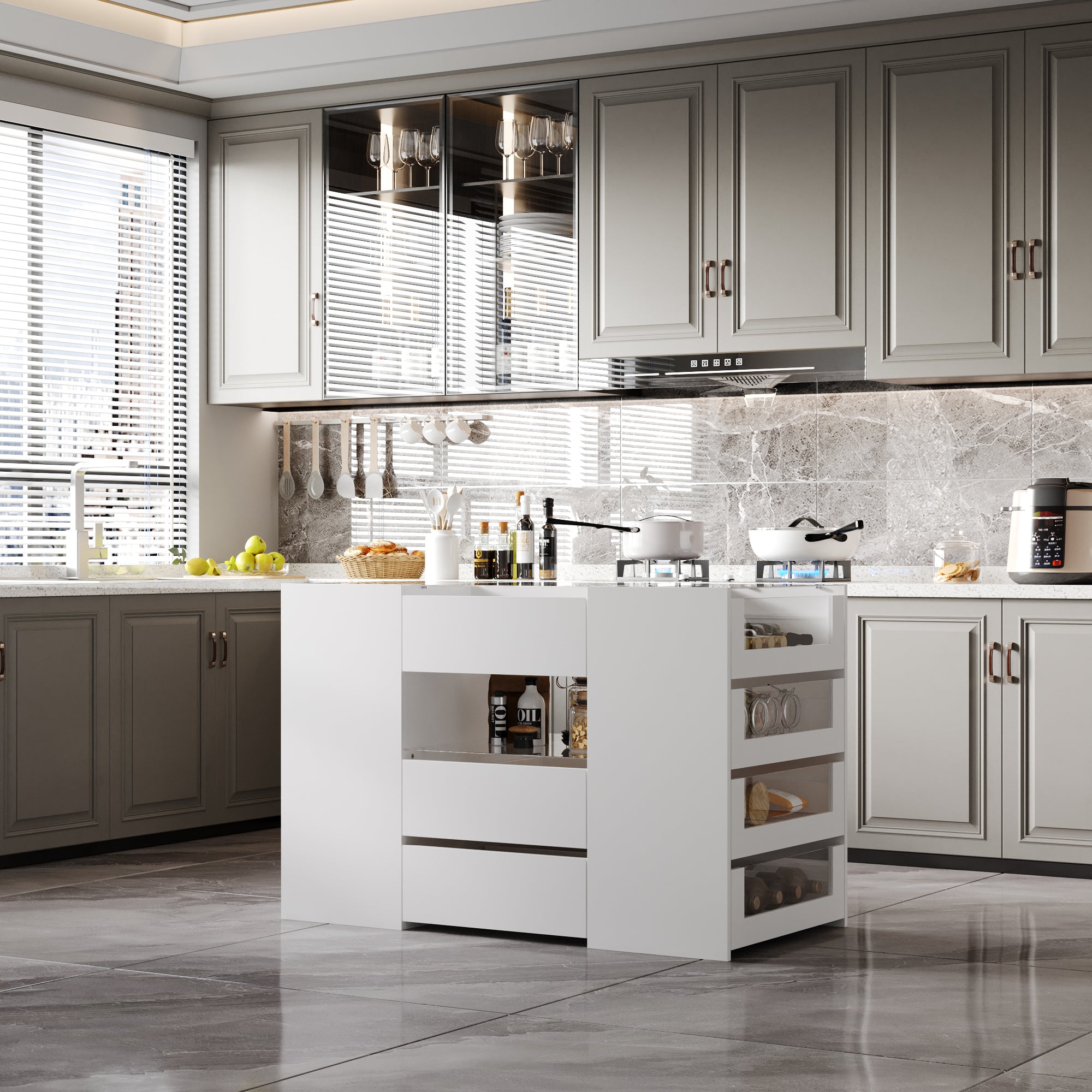47.2 inch Modern White Kitchen Island with 14 Drawers and Tempered Glass Top