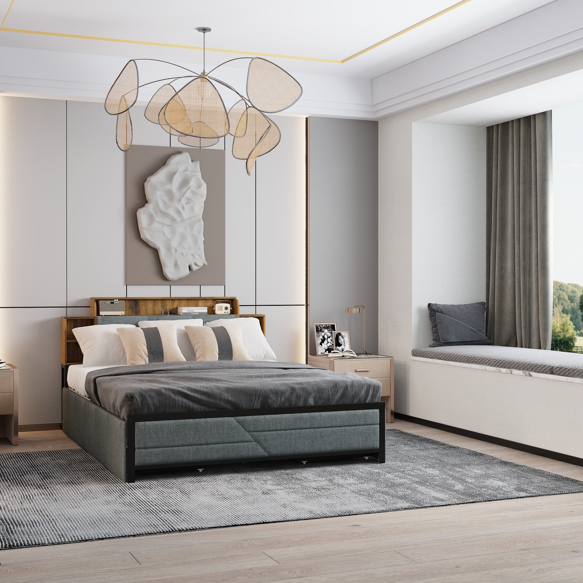 Low Profile Platform Bed With Storage Drawers And Power Outlet