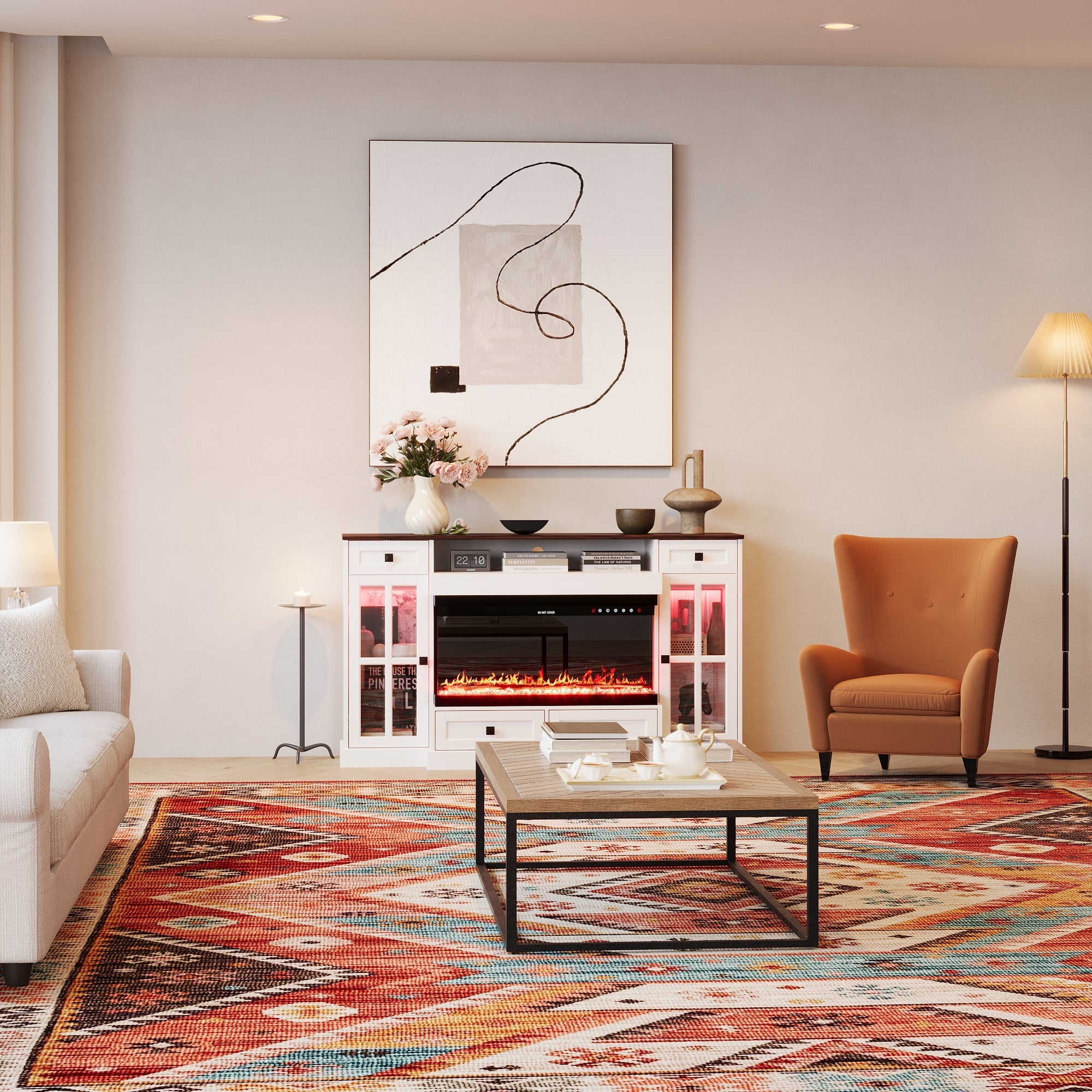 30-inch Electronic Fireplace With White TV Stand and Adjustable Light