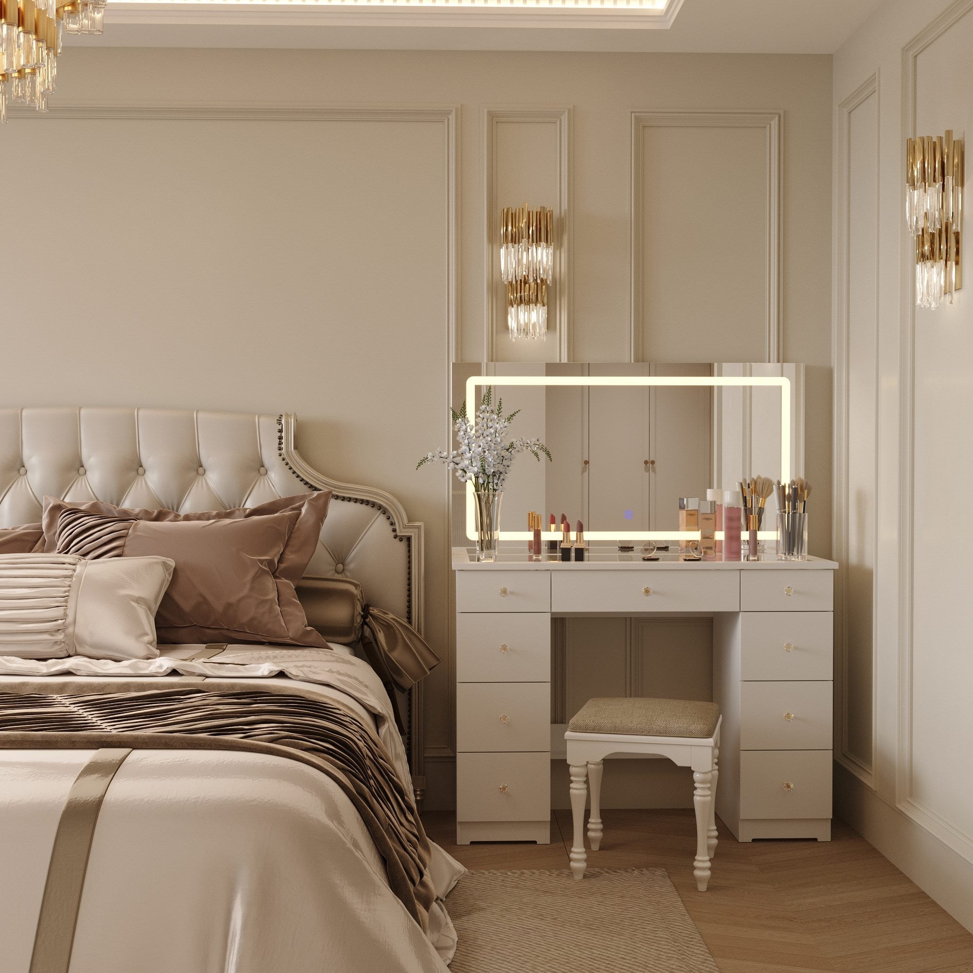 Modern Makeup Vanity With Lighted Mirror And Strong Storage