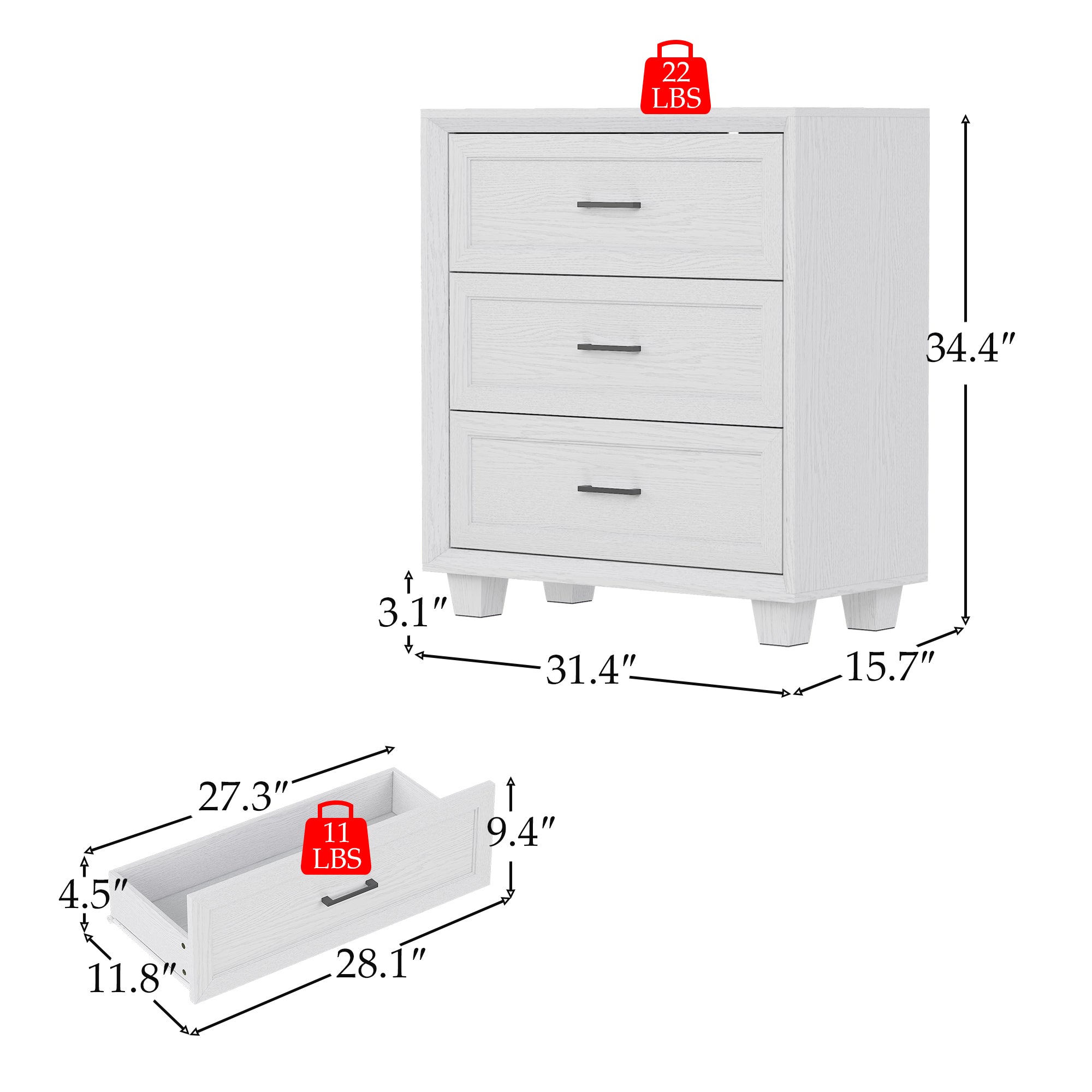 White 3-drawer nightstand with raised panel fronts and black handles