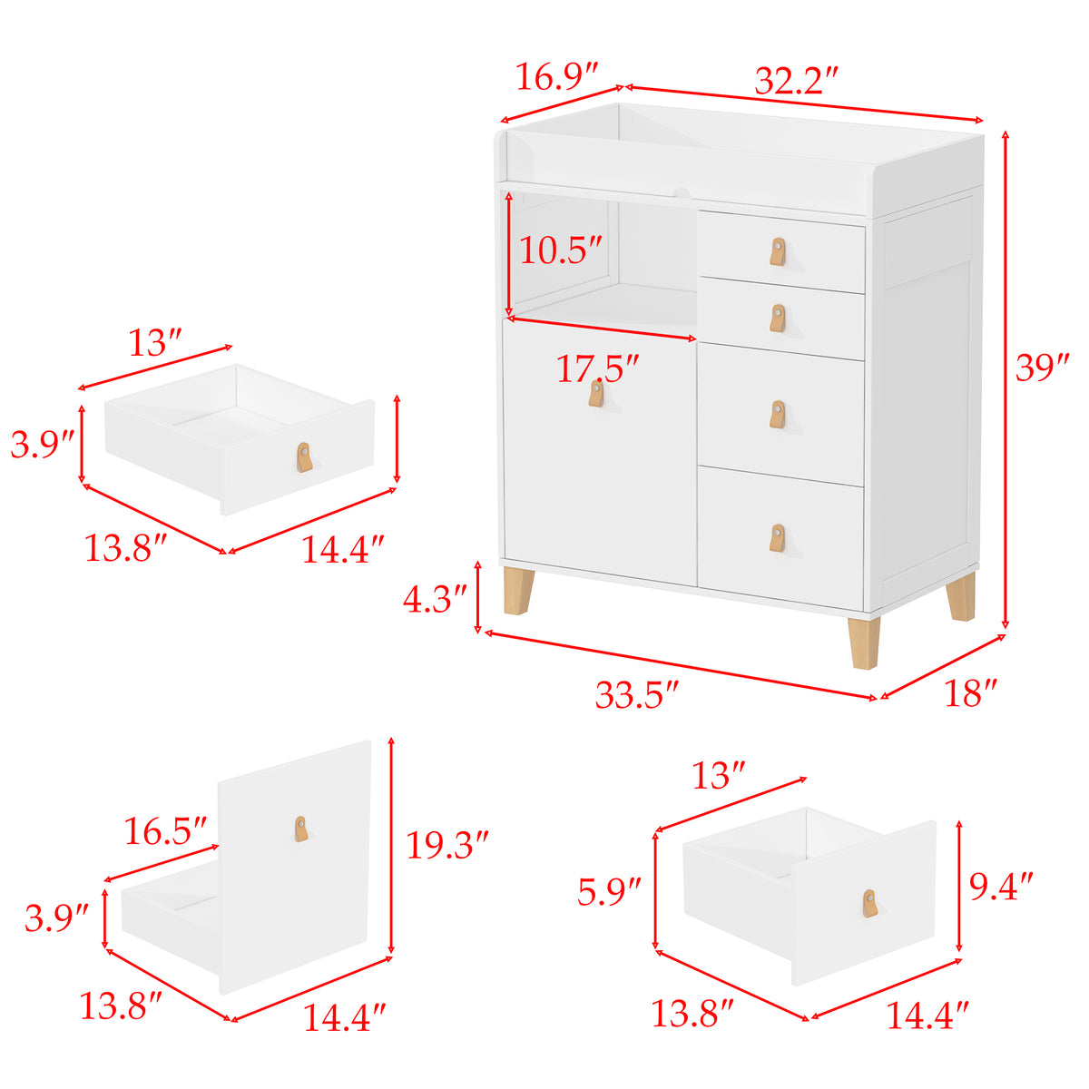 47.2 inch Modern White Changing Table Dresser with 3 Drawers & 2 Storage Cabinets
