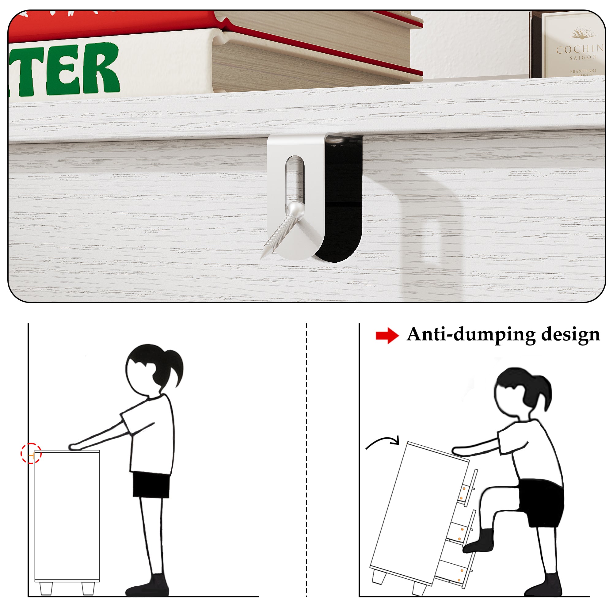 White 3-drawer nightstand with raised panel fronts and black handles