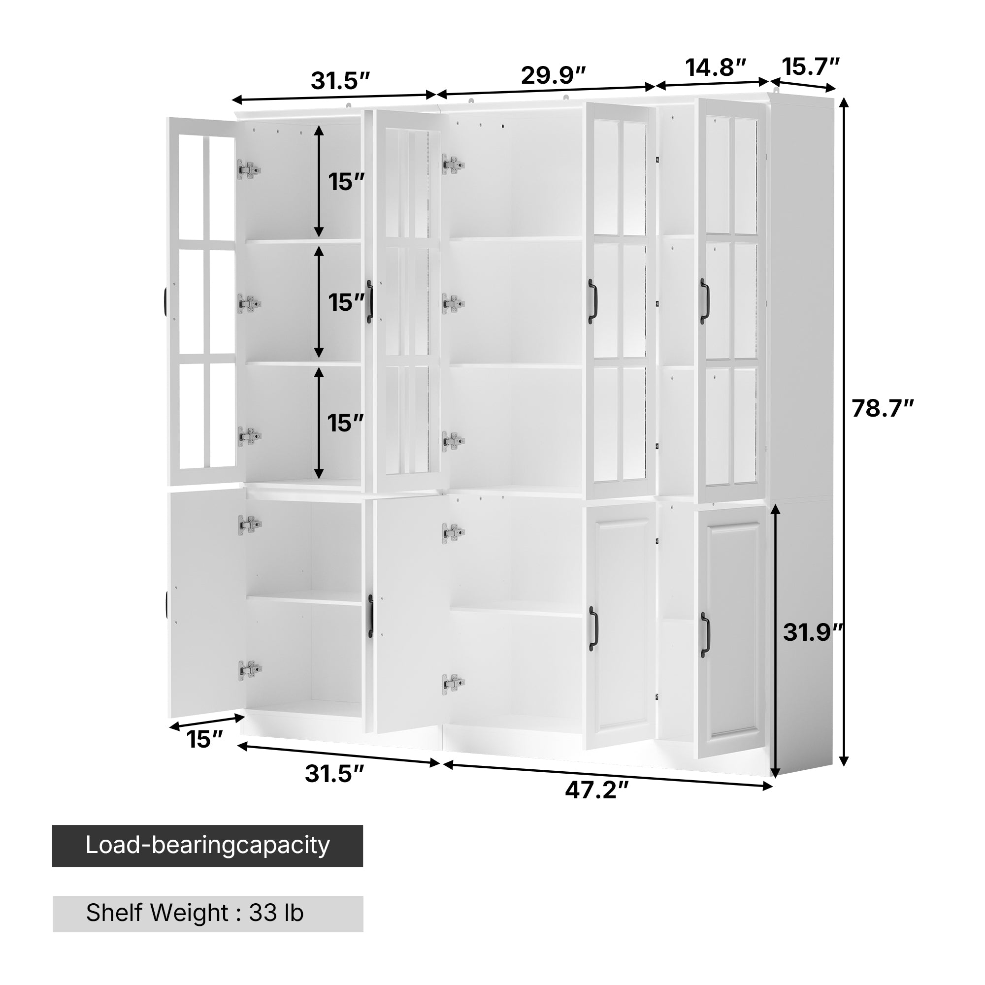 78.7 inch Modern White Storage Cabinet with 10 Doors and 15 Adjustable Shelves