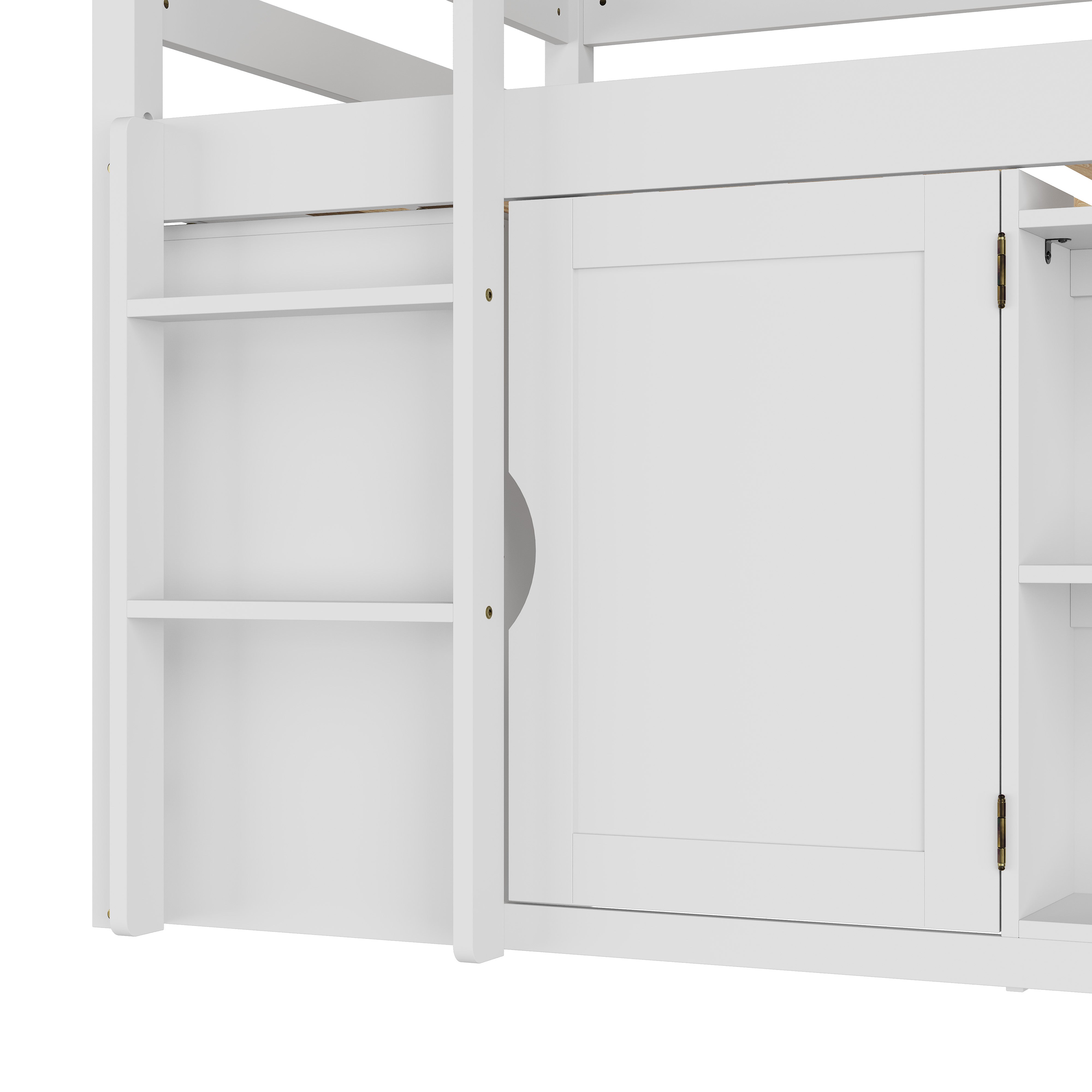 White kids loft bed with storage cabinets, shelves, and ladder