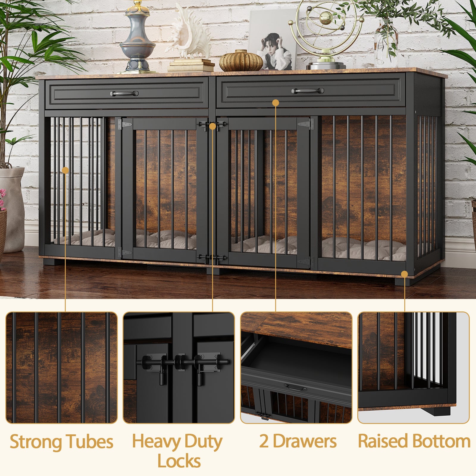 Large Wooden Dog Crate with Divider and Side Table