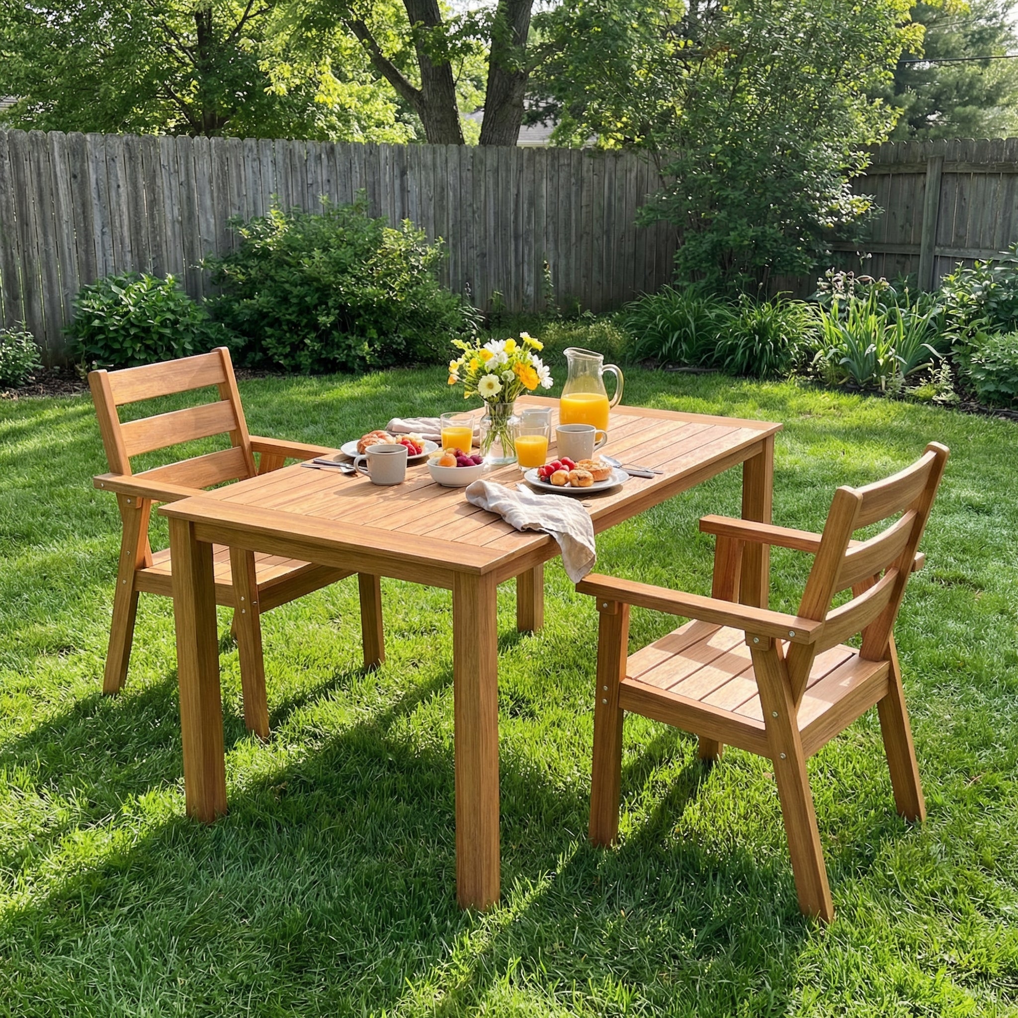 Wood outdoor dining set with rectangular table and matching armchairs