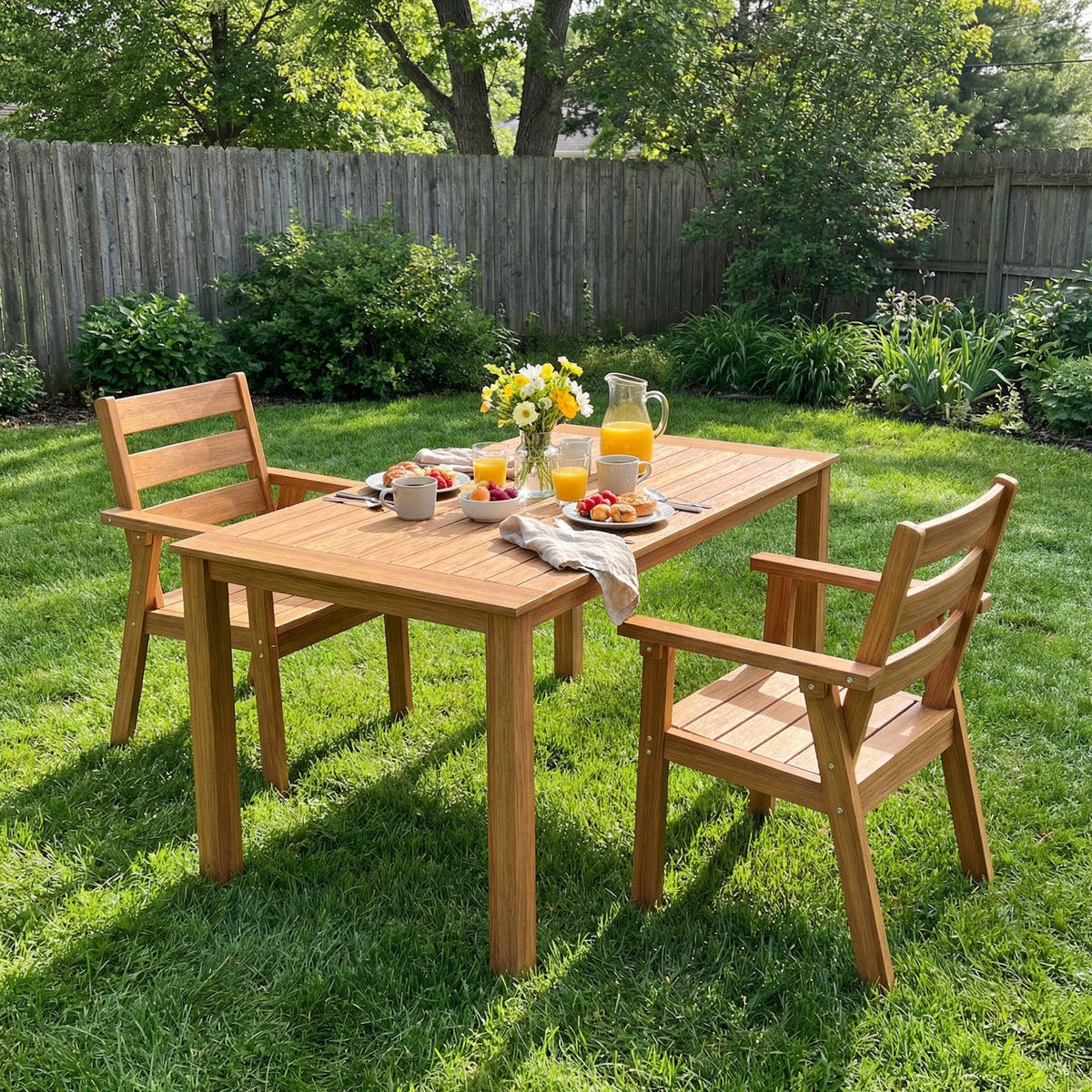 Wood outdoor dining set with rectangular table and matching armchairs