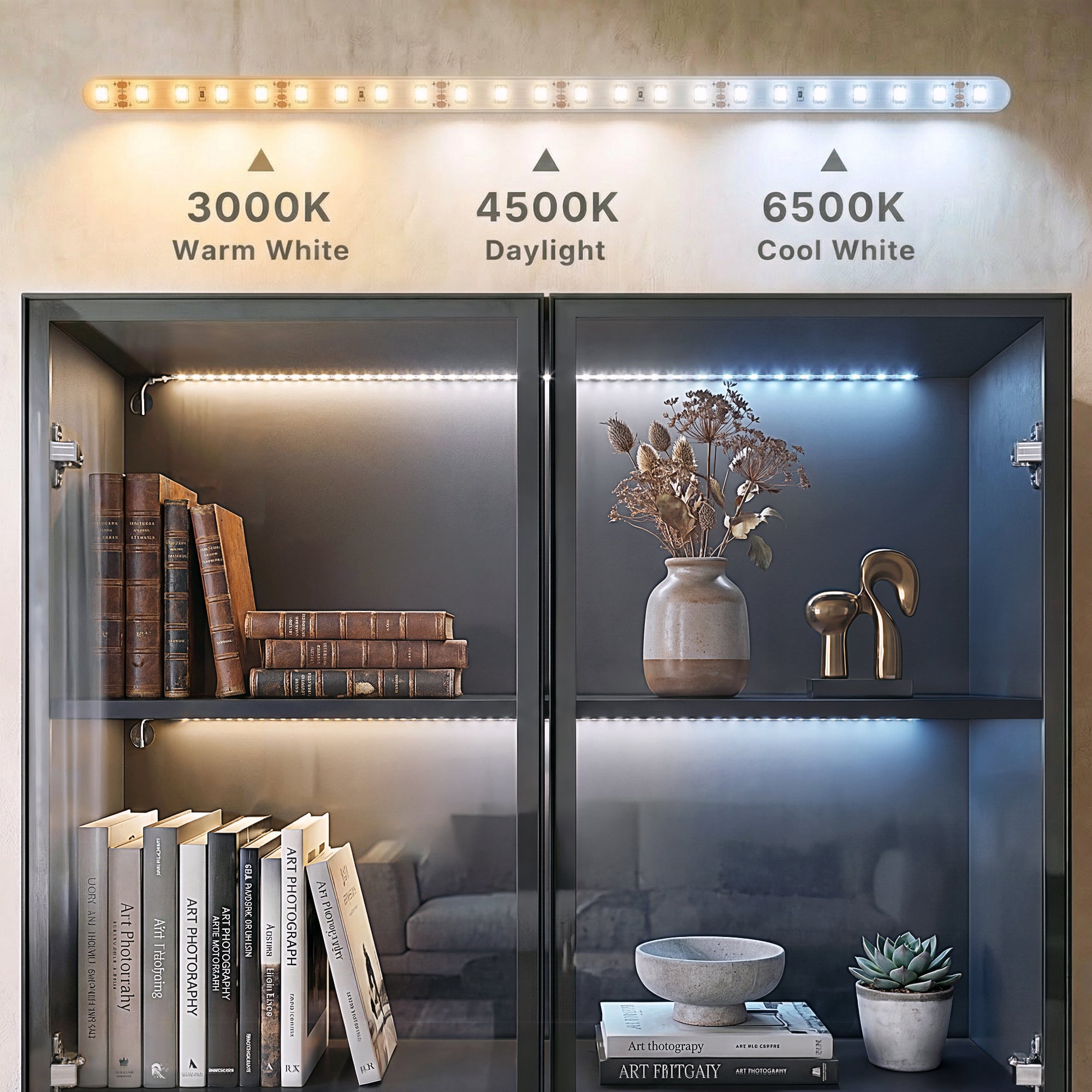 78.7 inch Large Bookcase with Glass Doors and 3-Color Changing LED Lights