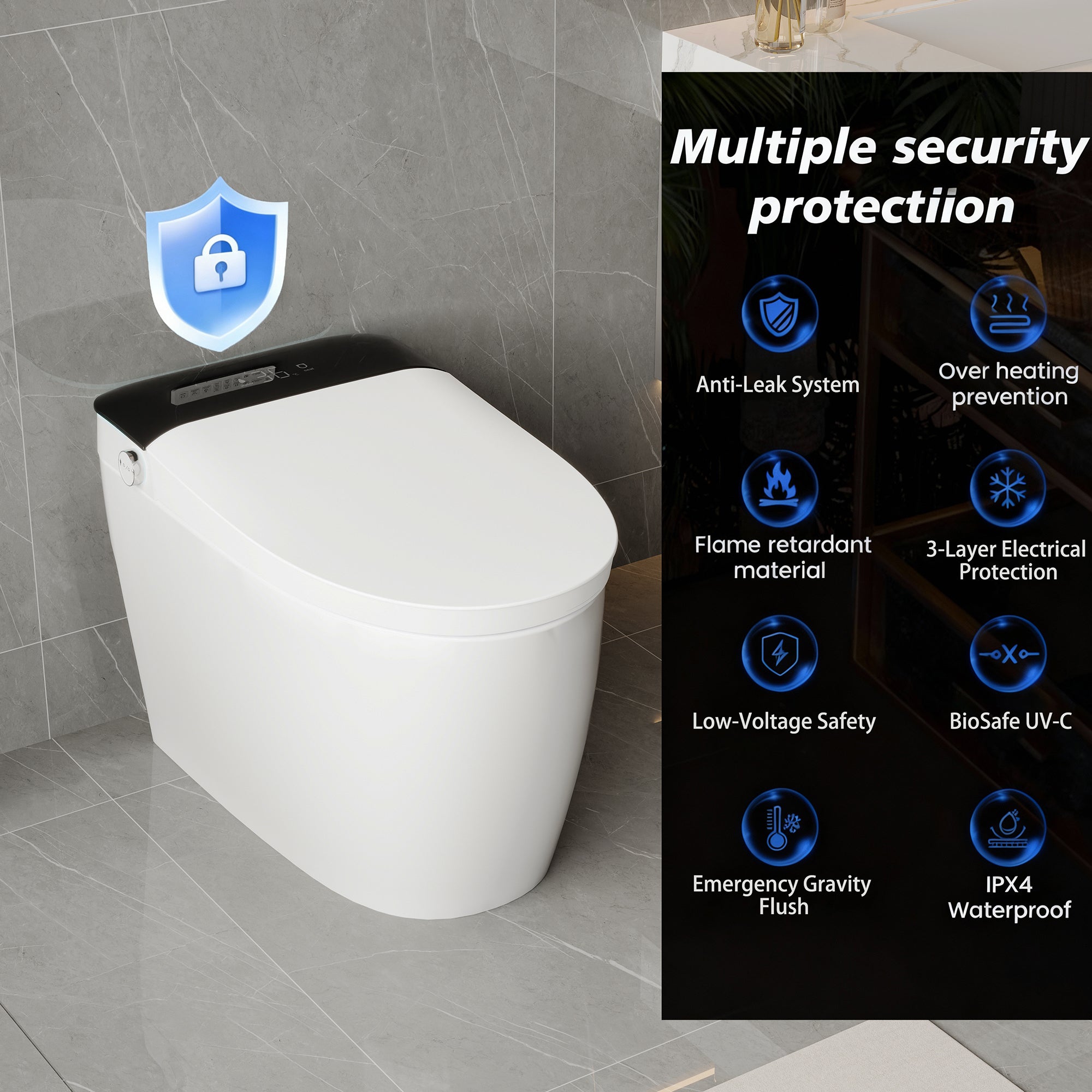White smart toilet with closed lid, digital display, and built-in bidet