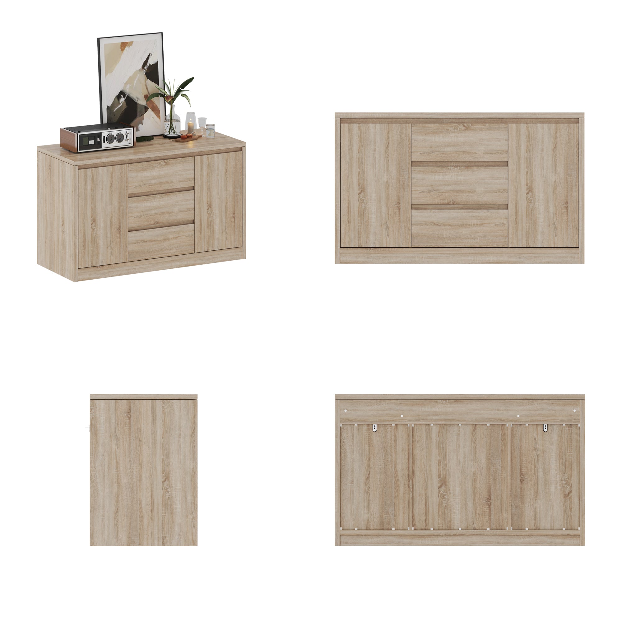 Set of wooden furniture pieces including a sideboard and cabinets on a white background