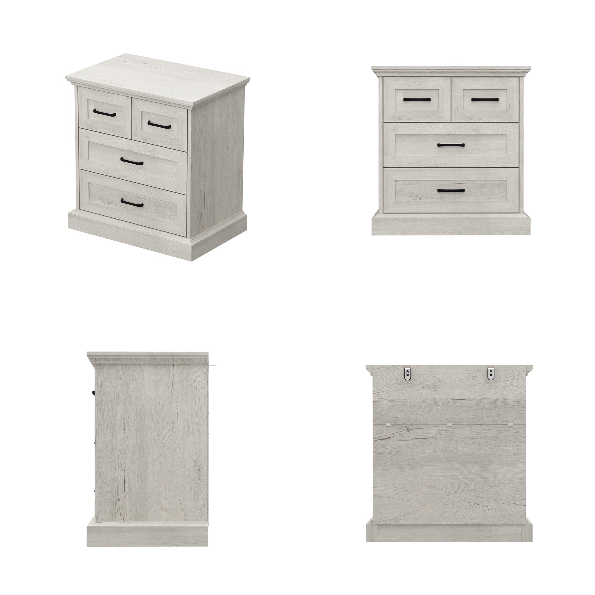 Modern Rustic Accent Chest With Four Drawers, Black Metal Handles – Distressed Light Oak