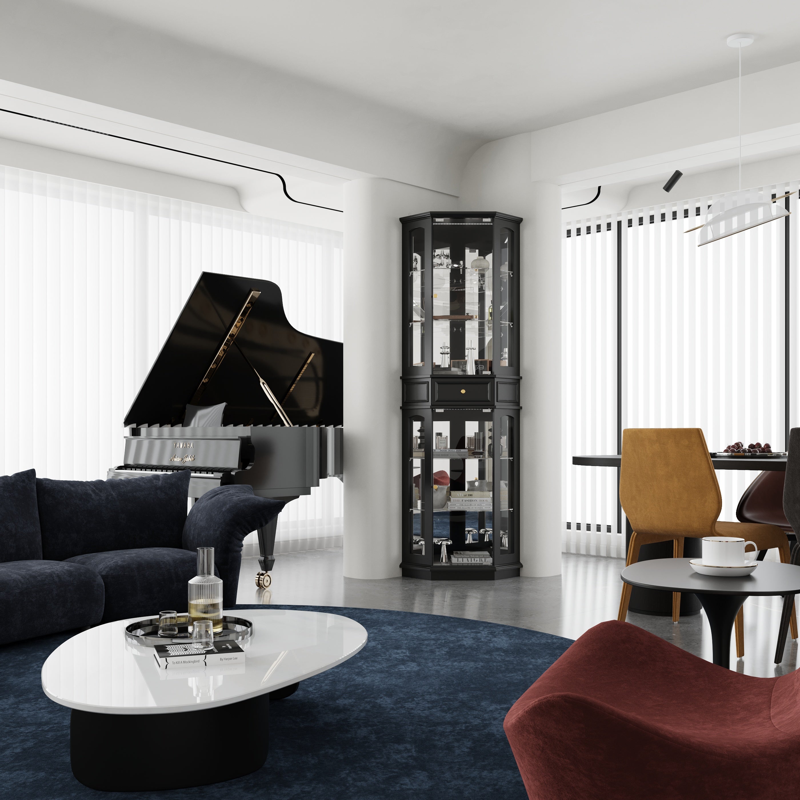 Black tall display cabinet with glass doors and center drawer