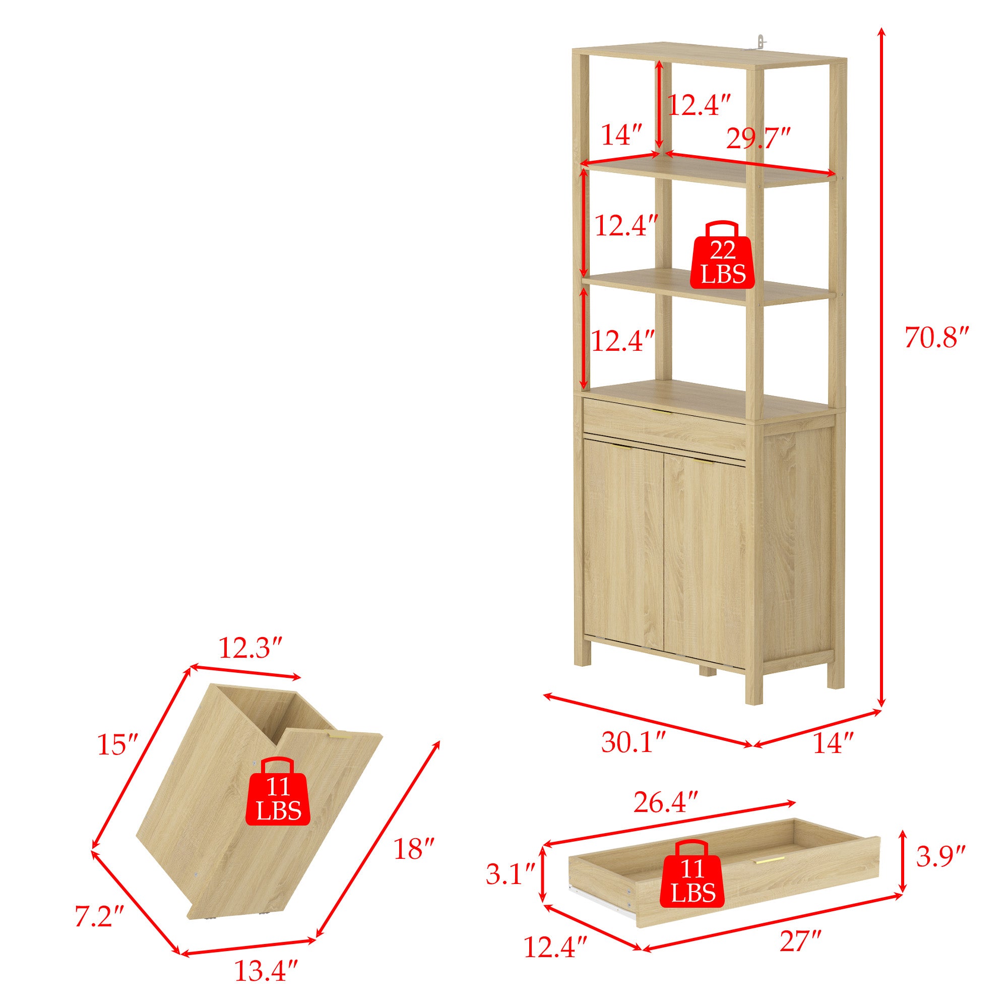 Tall Waterproof Laundry Hamper Cabinet With 2 Tilt-Out Baskets And Drawer, Open Shelves Organizer, Oak Finish, 70.8" H