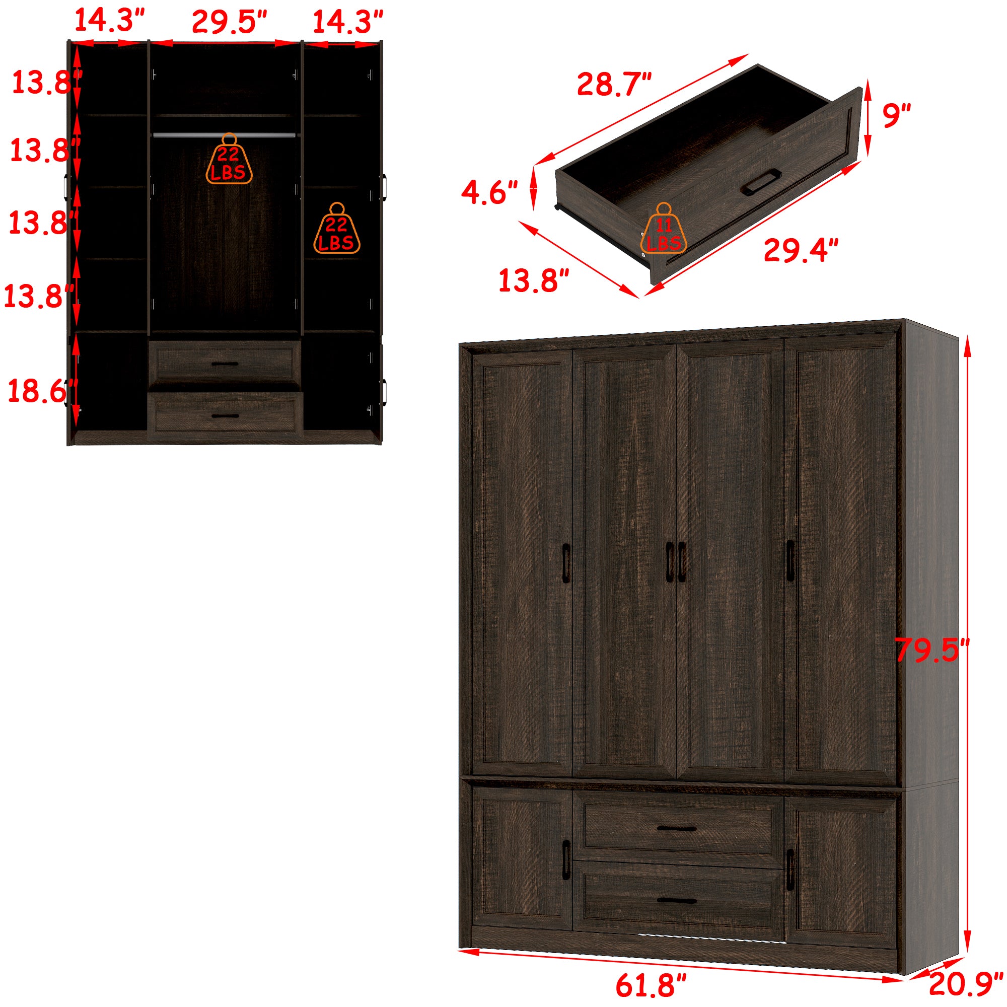 62" Wide 6 Doors 2 Drawers Wood Grain Wardrobe Armoire