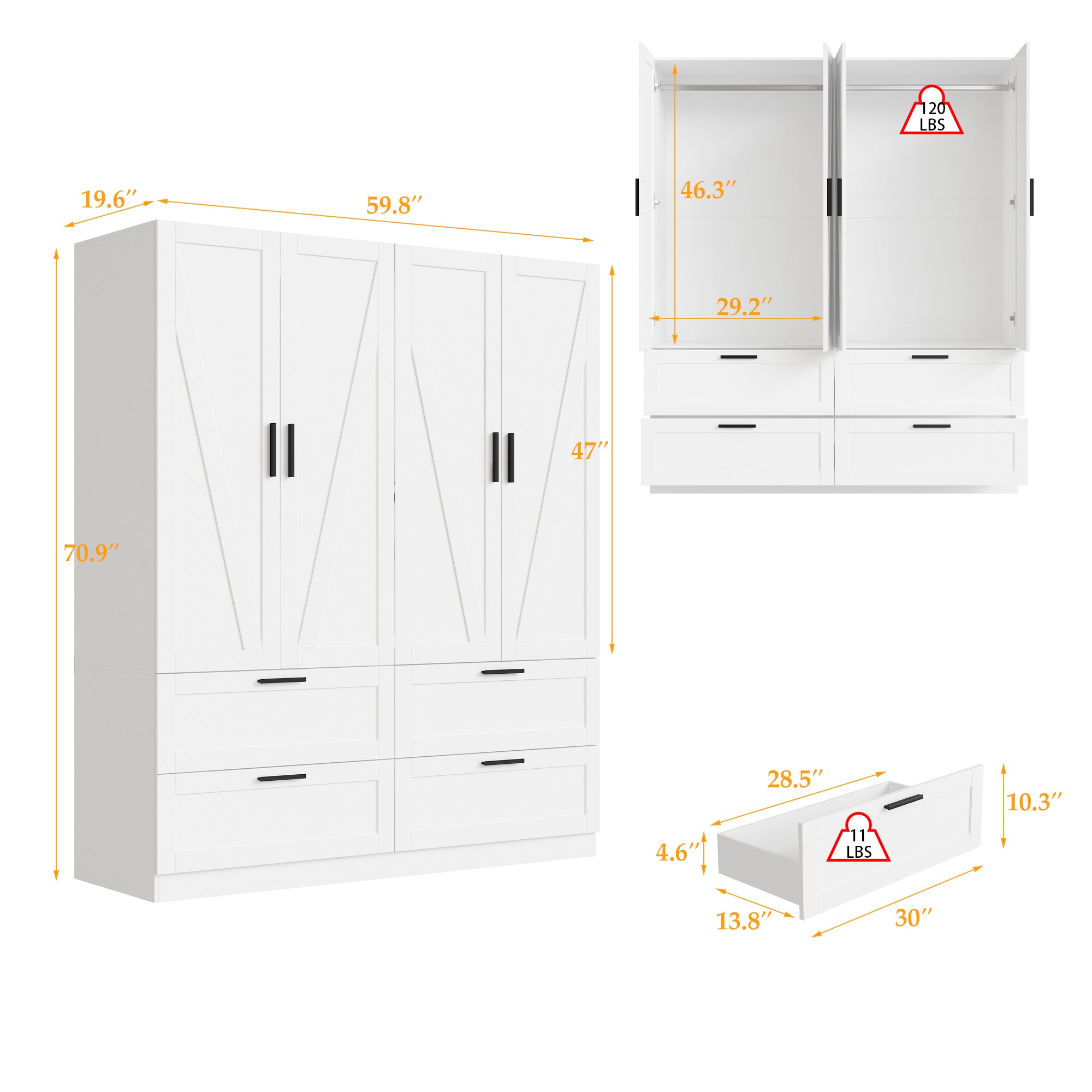 59.8" Modern Farmhouse White 4-Door Wardrobe with Geometric Slat Doors, 4 Drawers and Black Handles