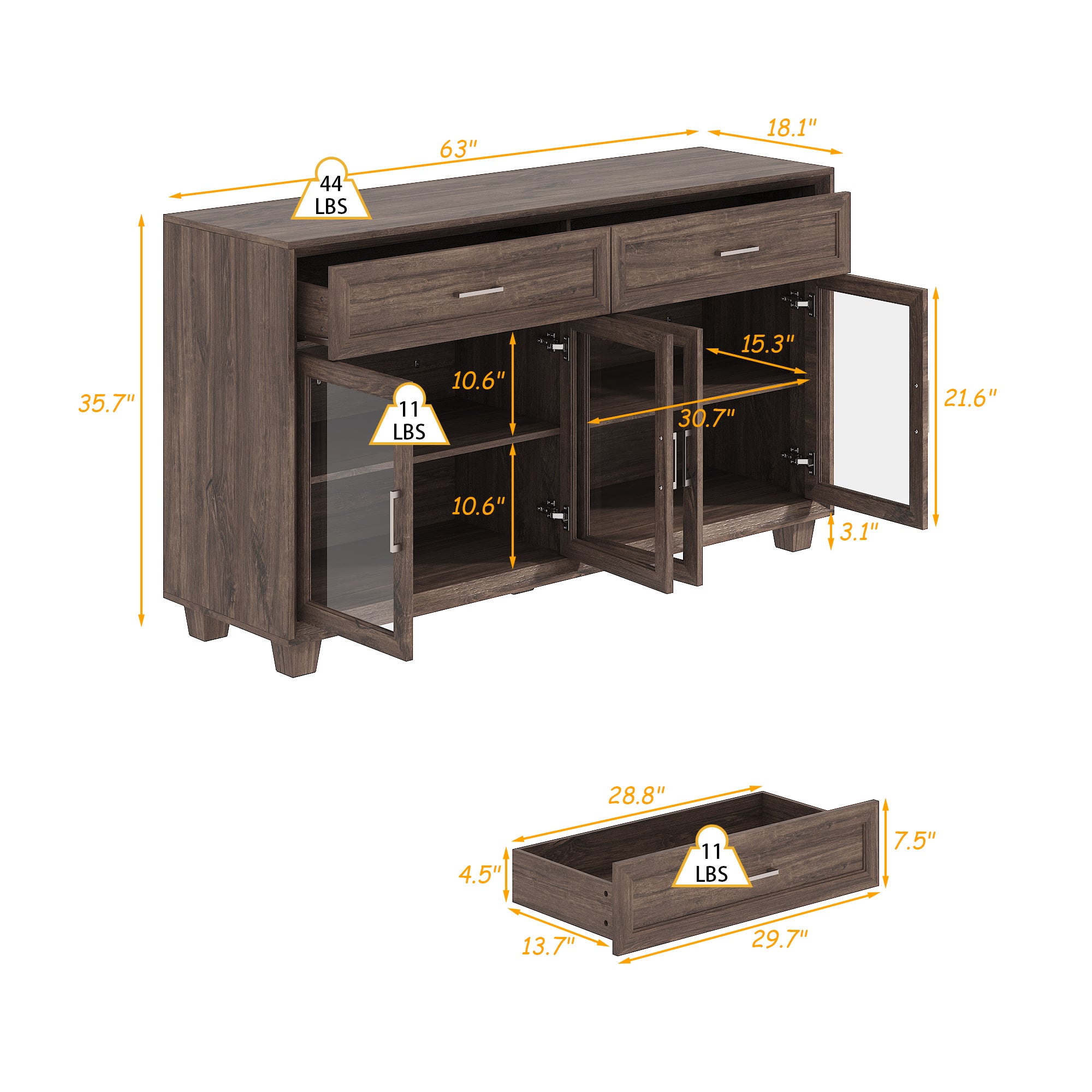 63" W Sideboard Cabinet Buffet Storage Cabinet