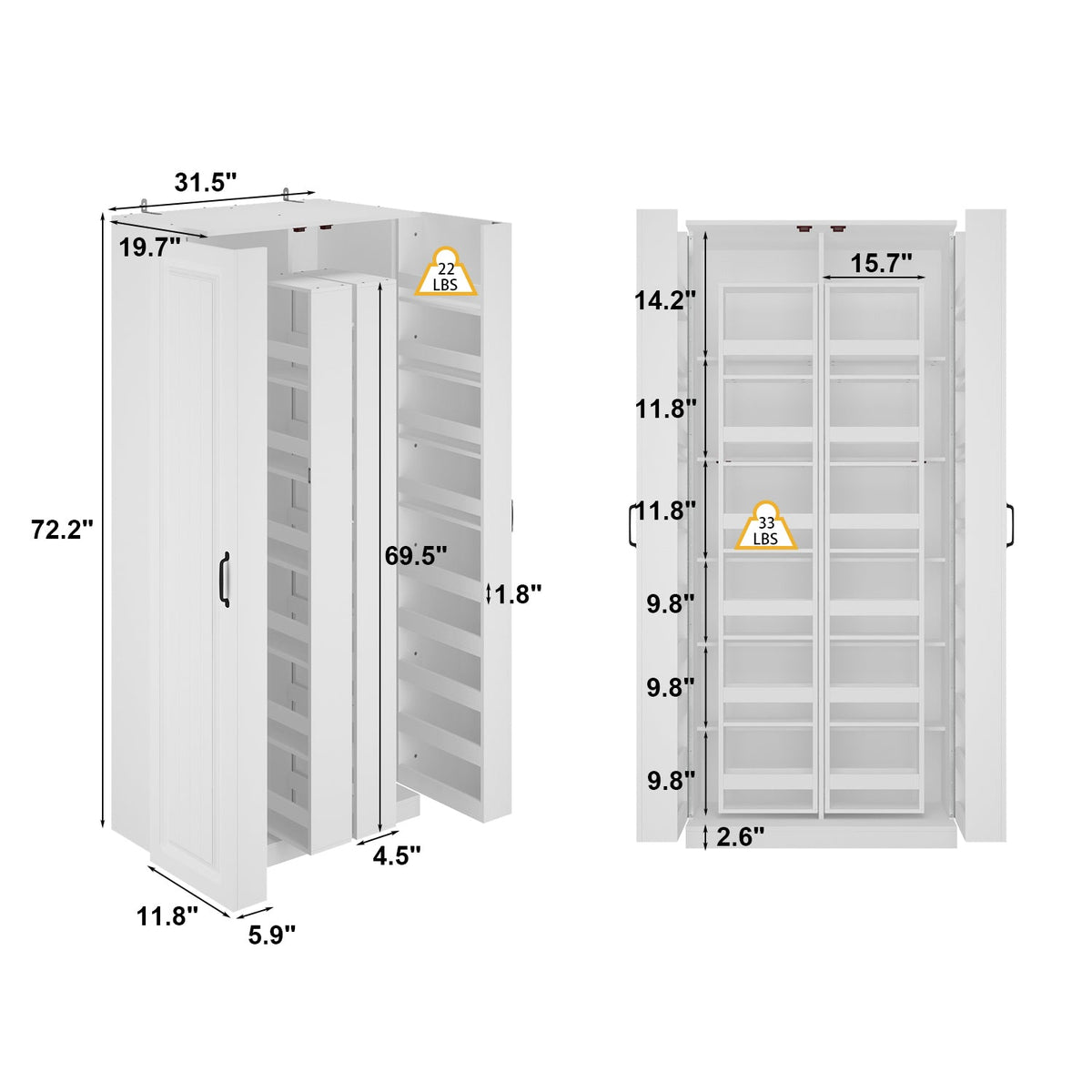 72.2 inches Modern White Kitchen Pantry With Rotating Food Storage Shelves, Door-mounted Racks, Adjustable Shelving