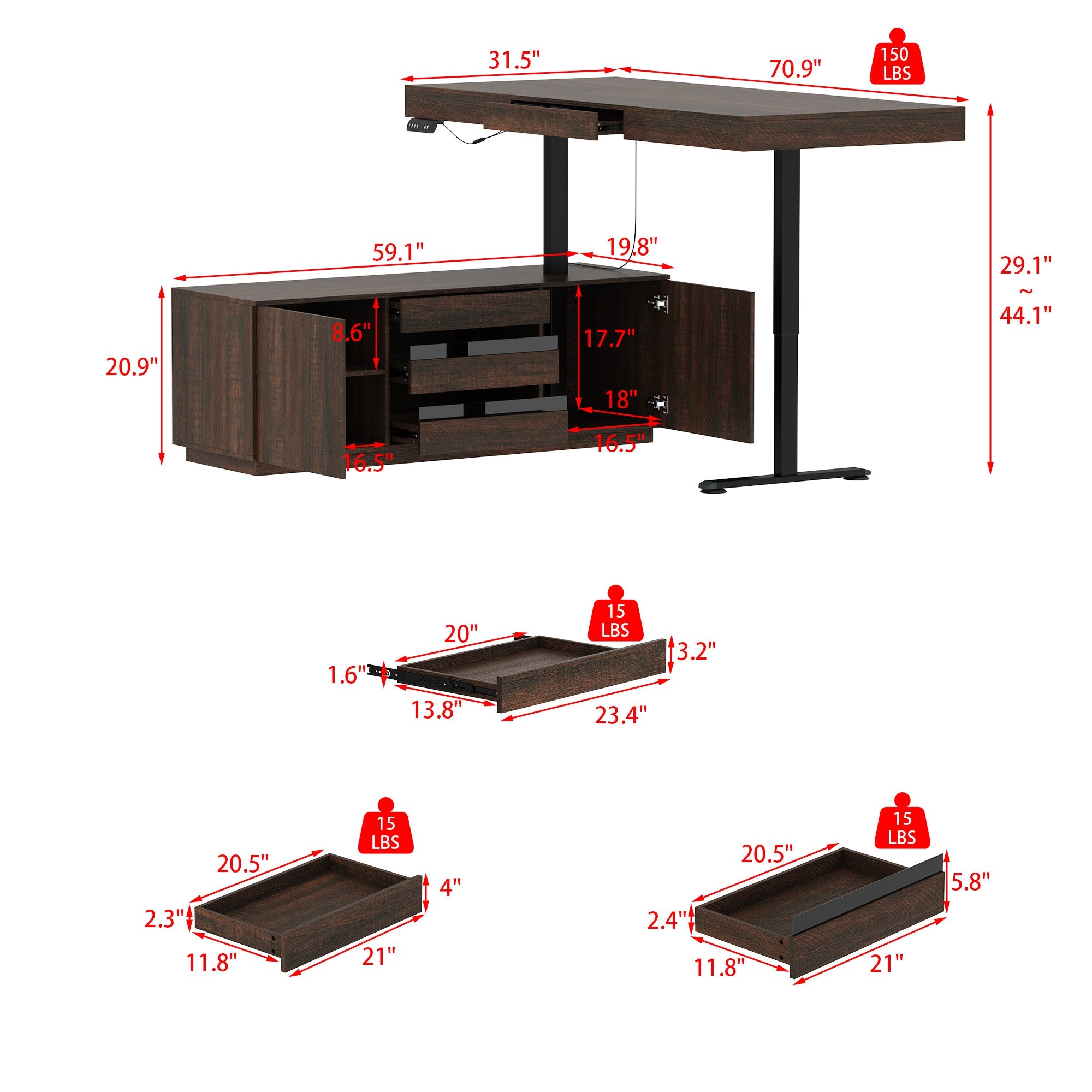 71'' W L-Shaped 3-Drawer Lift Computer Desk (29'' H To 44'' H) With 59'' W Bookcase