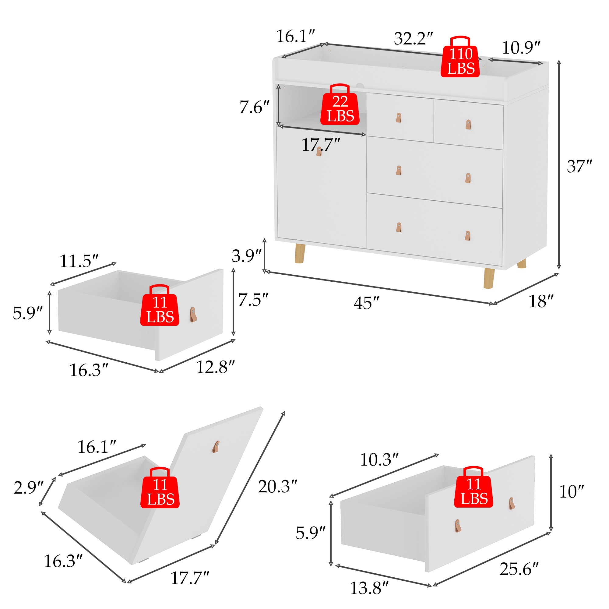 Baby Change Table Dresser Nursery Table Dresser 5 Drawers with Open Storage