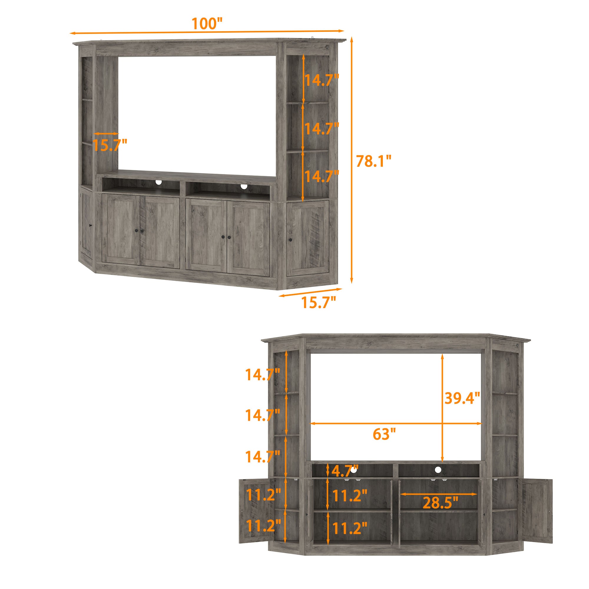 100'' Entertainment Center With Storage Cabinets & Open Shelves