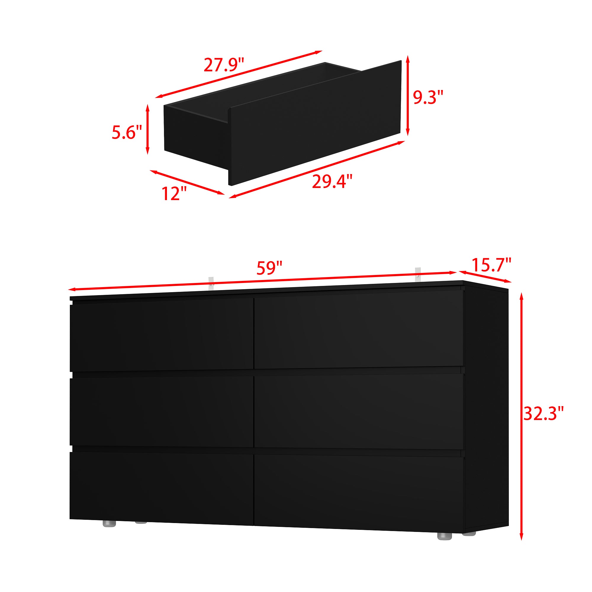 Distressed 6-Drawer Sideboard with Grain Texture - 59" Wide