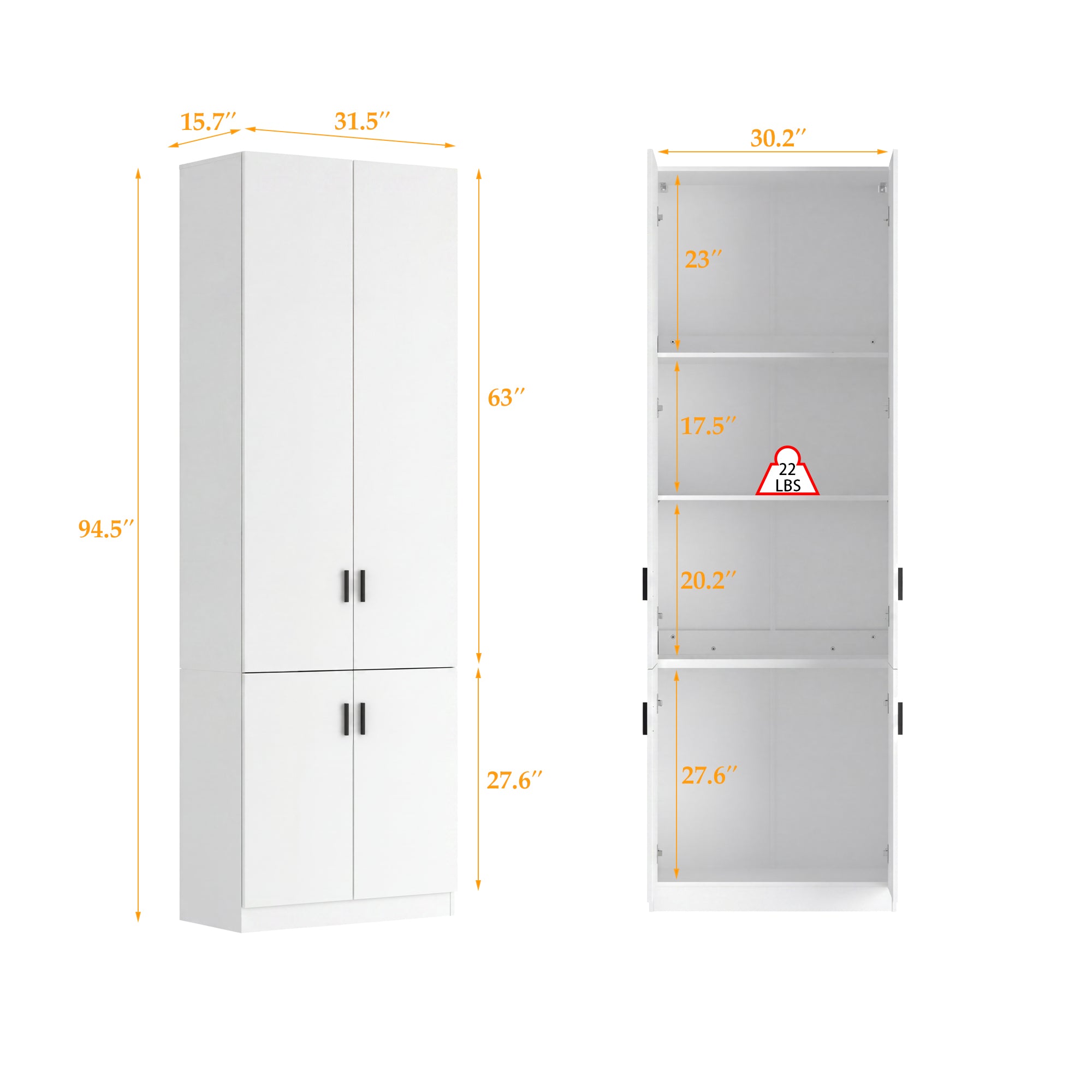 31.5 Inches White Engineered Wood Tall 4-Door Garage Storage Cabinet with Adjustable Interior Shelves