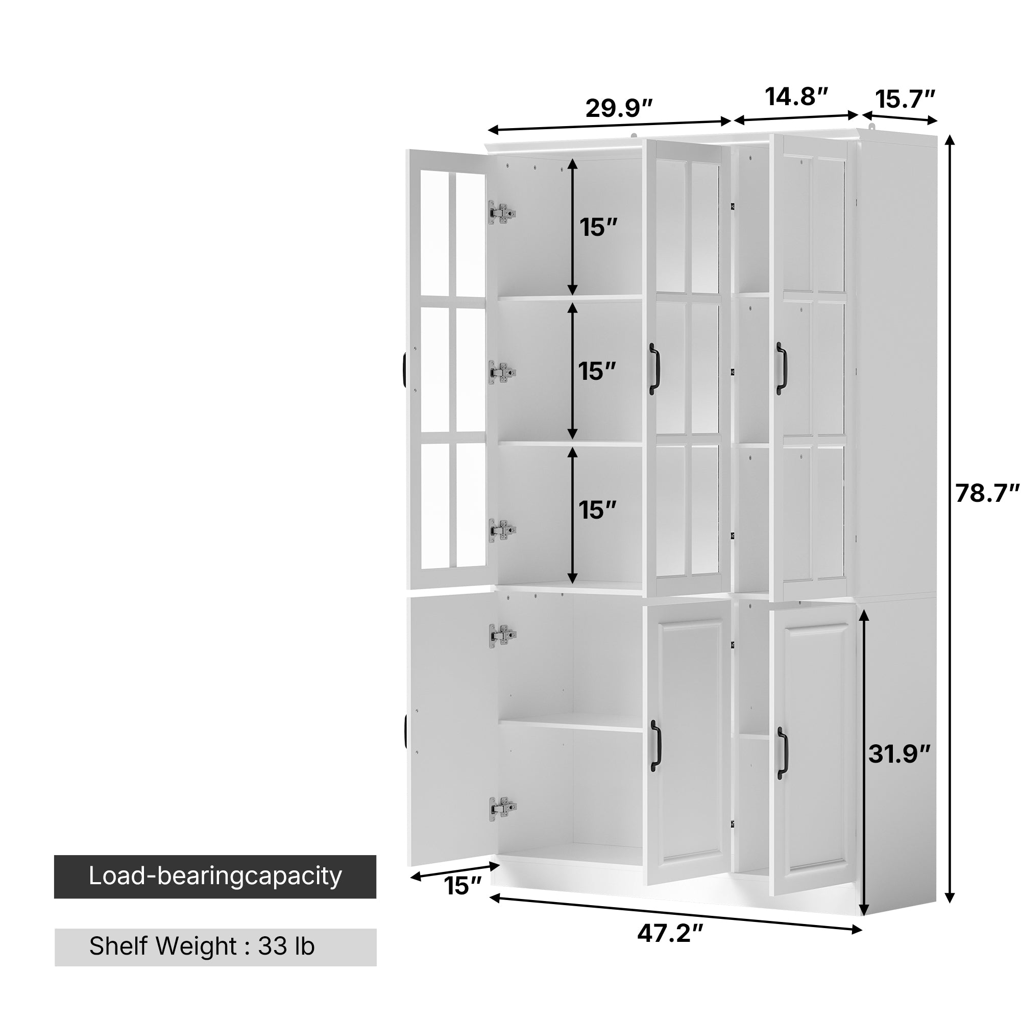 47.2 inches Modern White Freestanding Wood Bookcase with 3 Glass Doors