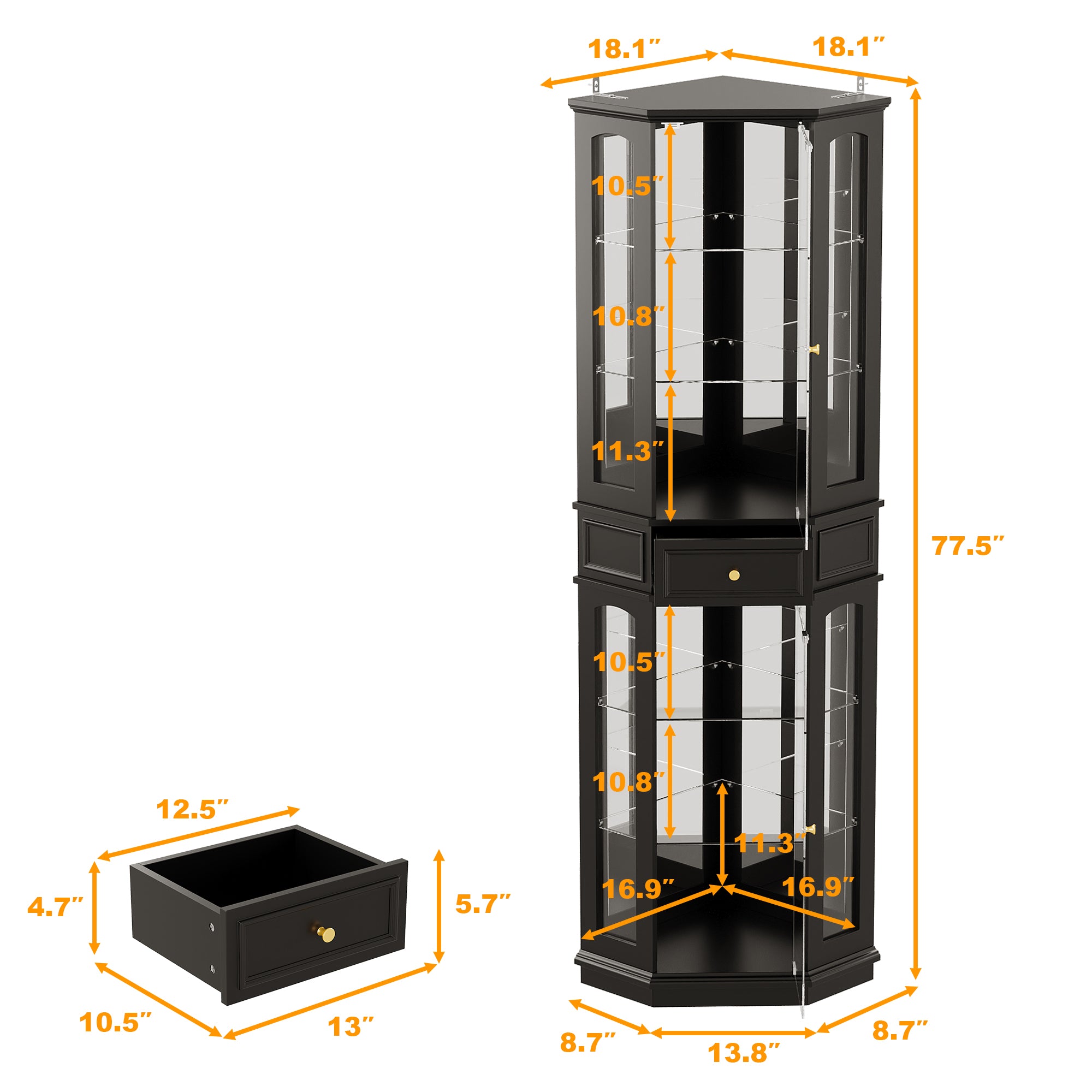 18.1 in. Traditional Black Display Cabinet with Glass Doors, Mirrored Back, 6 Color LED Lighting and Drawer