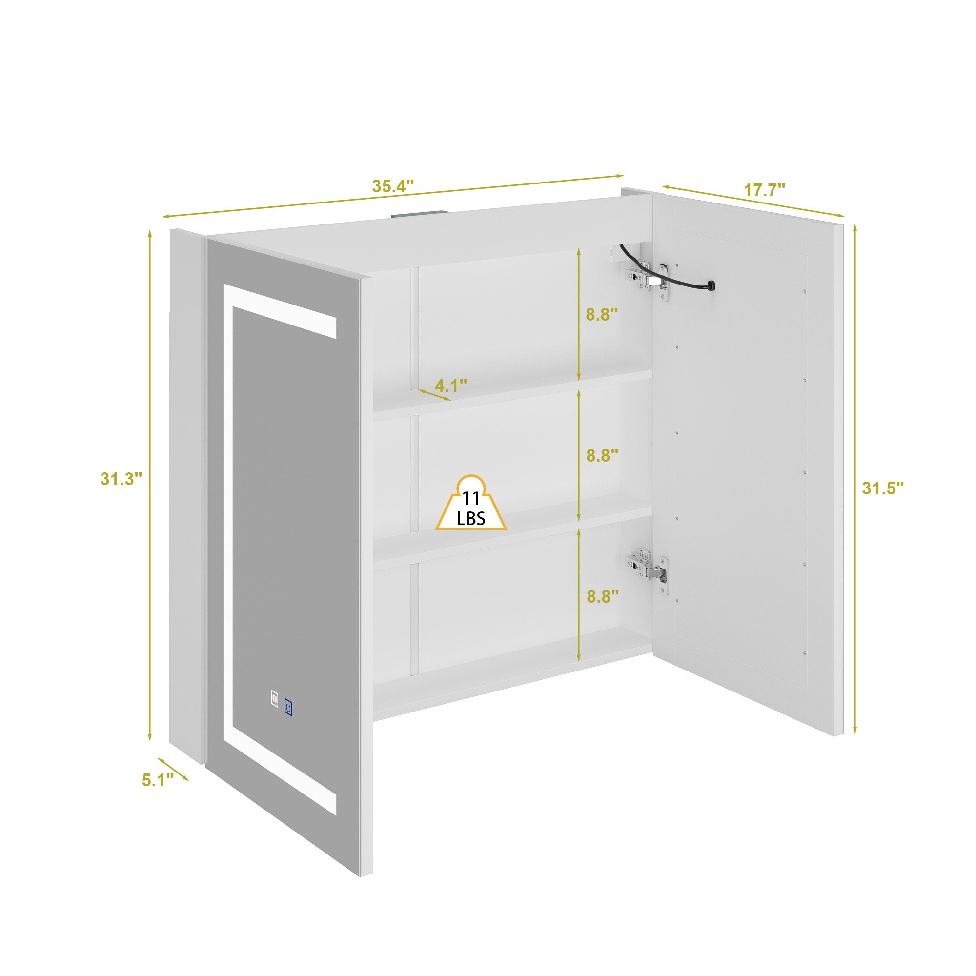 35.4'' W 31.5'' H Surface Frameless Medicine Cabinet with Mirror and 3 Fixed Shelves