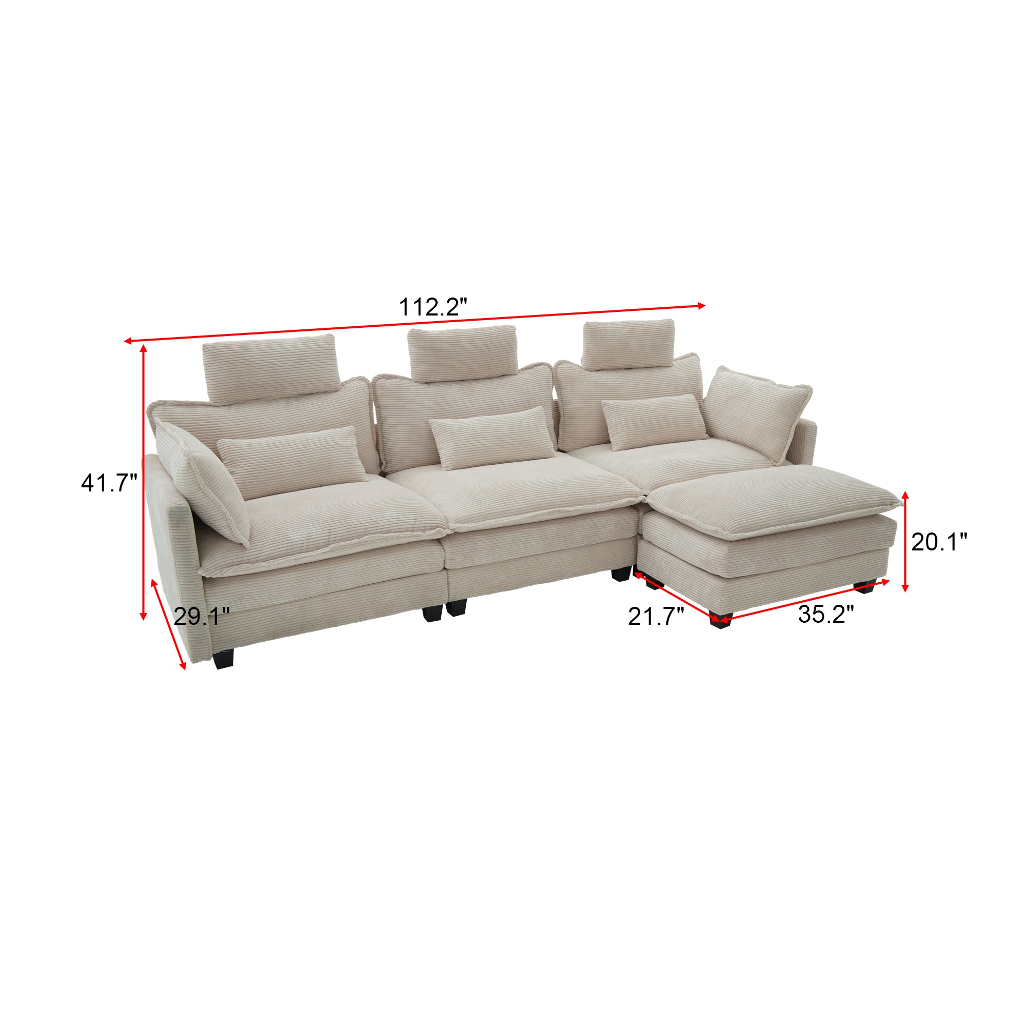 112" L-Shaped Modular Sectional Sofa with Ottoman, Corduroy Cloud Couches with Memory Foam and Pillows Sets, Upholstered 3-Seater Sofa for Living Room
