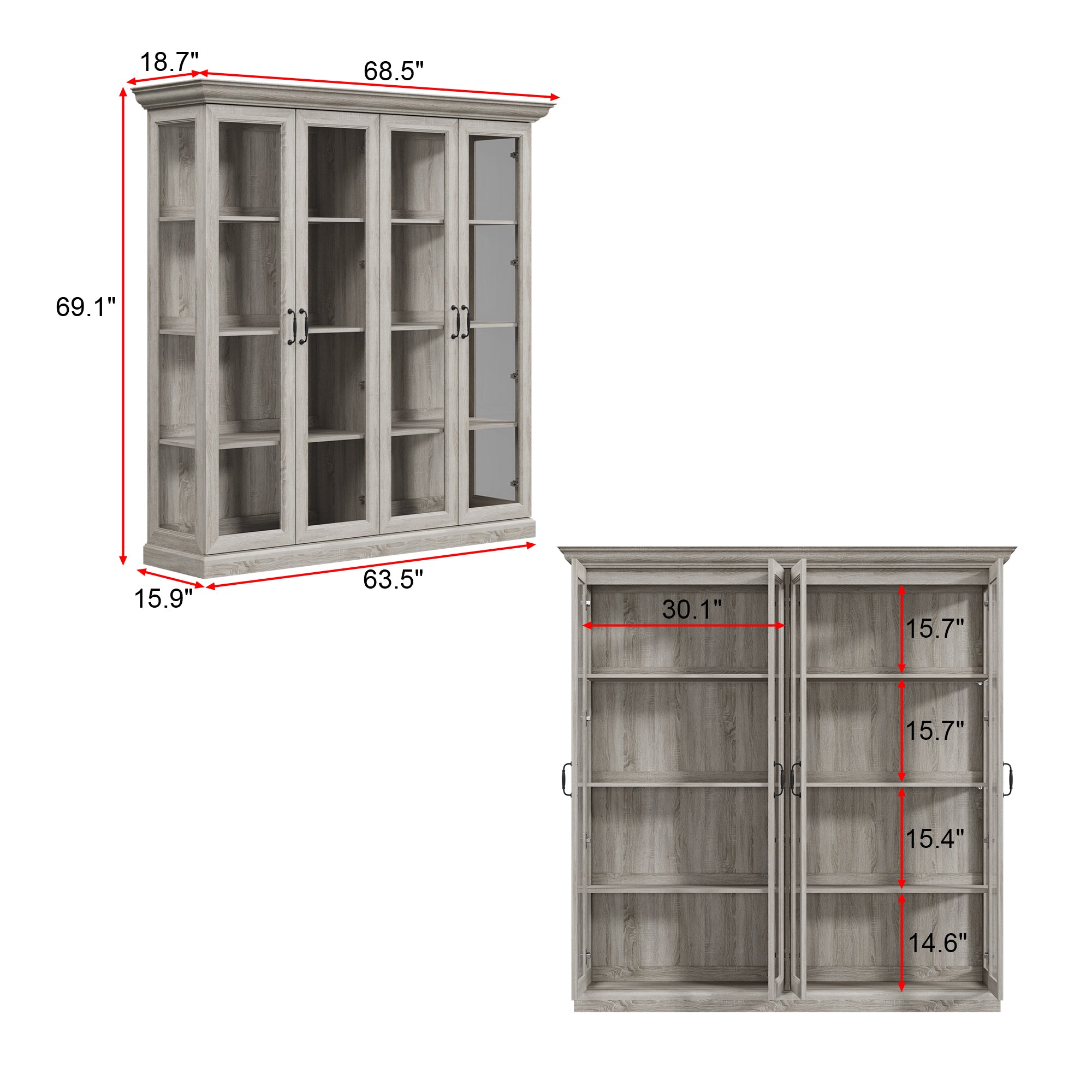 68.5 inch China Cabinet with 4 Glass Doors and Light