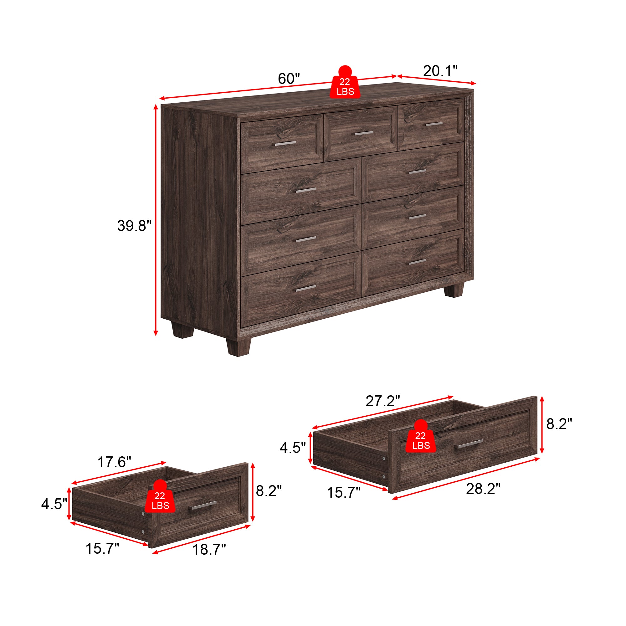 60" Wide 9-Drawer Accent Chest With Metal Handles