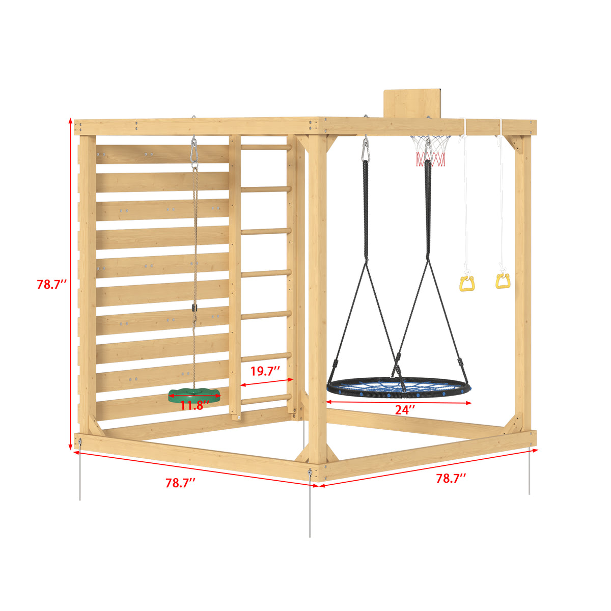 Wooden play structure with measurements on a white background