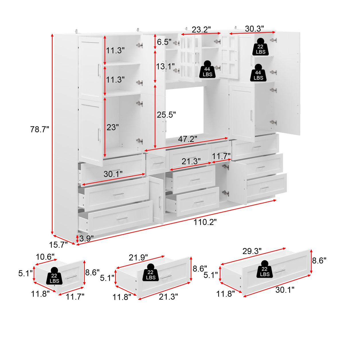 110.2 inch Modern White Bookcase with 11 Drawers and Glass Doors